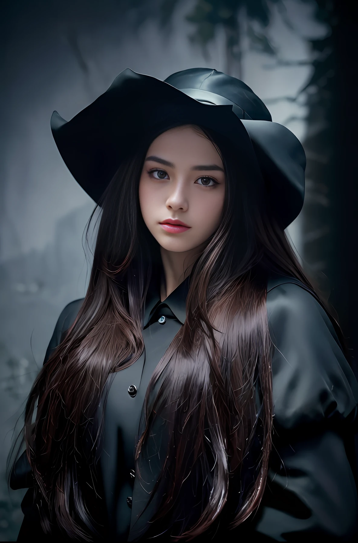 Masterpiece, (Front Focus), (In the Dark:1.6), Surrealist Female Portrait, Fantasy Art, Photorealism, Dynamic Lighting, ArtStation, Poster, Volumetric Lighting, Highly Detailed Face, Black and Fluffy Eyes, 4K, Award Won, 1Girl, In the Dark, Deep Shadow, Low Key, Cowboy Shot, (Official Costume: 1.4), Dark brown hair,