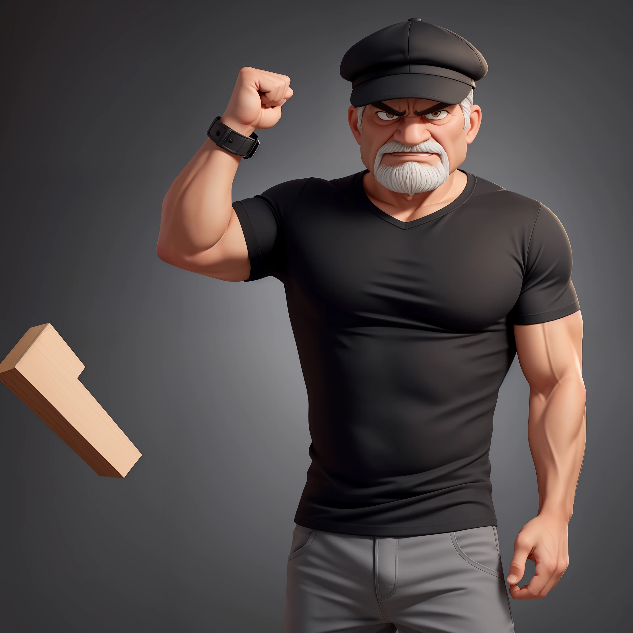 Create an 8K cartoon of an angry, full-body, well-muscled old man in a black shirt and a cap on his head. Make sure the resulting image has a cartoonish look, with vibrant colors and smooth edges. Add details to give the old man an angry look, such as furrowed brows and a tight mouth. Make sure that the black shirt striped with white is an important element of the image, and add details to make it attractive and interesting. Add textures and details to make the image more realistic, such as the appearance of the shirt texture and the appearance of the skin. Make sure the resulting image is high resolution, 8K quality." —c 10 —ar 2