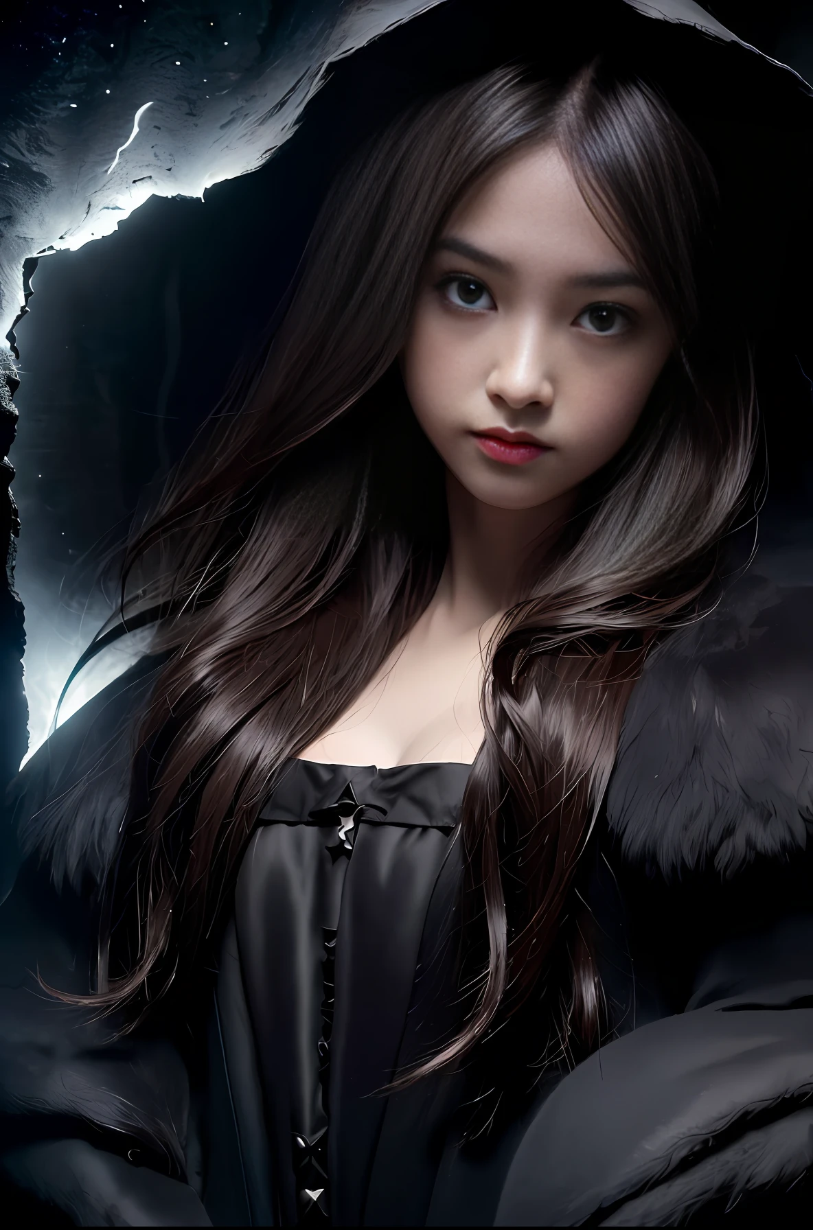 Masterpiece, (Front Focus), (In the Dark:1.6), Surrealist Female Portrait, Fantasy Art, Photorealism, Dynamic Lighting, ArtStation, Poster, Volumetric Lighting, Highly Detailed Face, Black and Fluffy Eyes, 4K, Award Won, 1Girl, In the Dark, Deep Shadow, Low Key, Cowboy Shot, (Official Costume: 1.4), Dark brown hair,