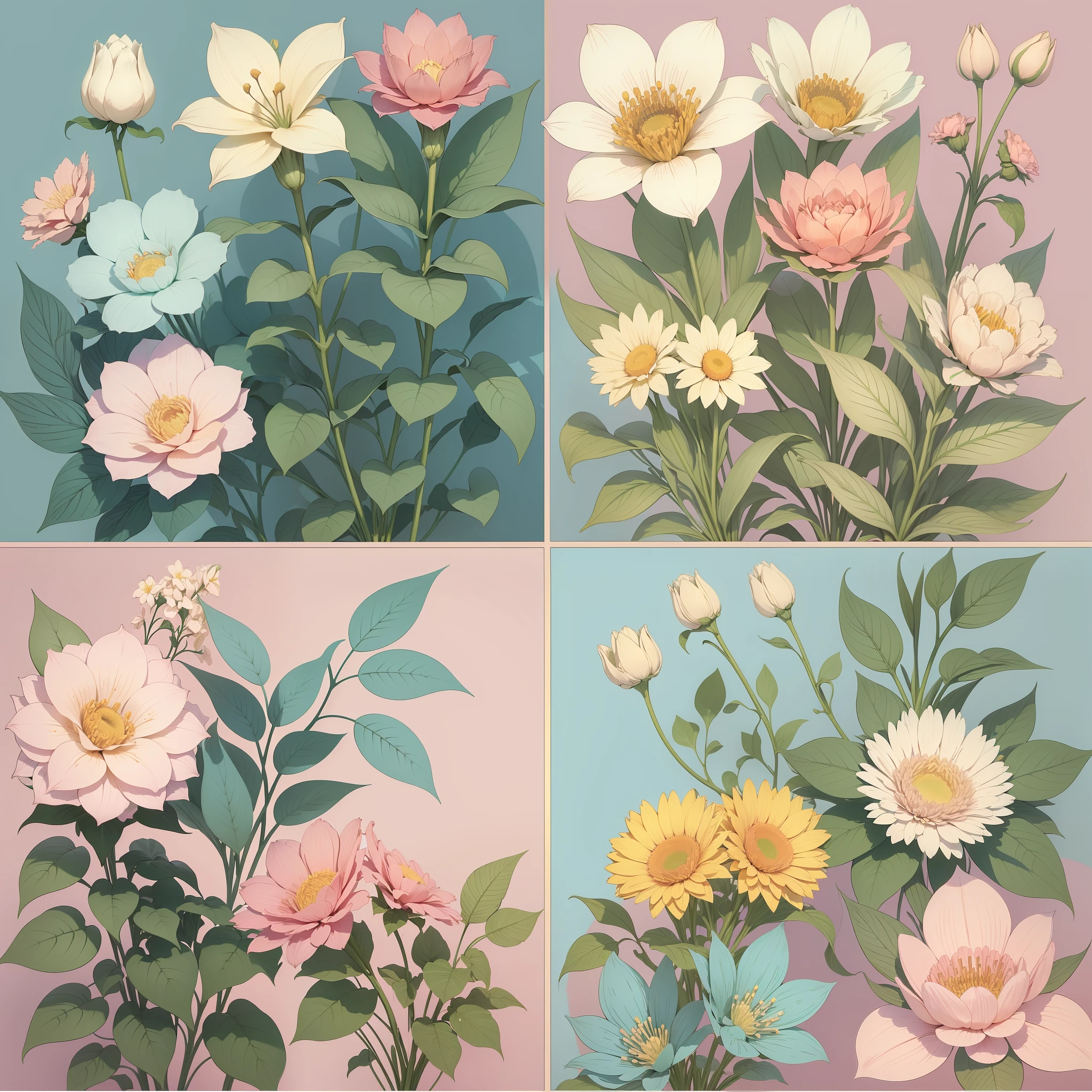 Set pattern of large flowers with plants and vines, defined shape, flat style, vector style, drawing style, naïve style, wallpaper style, in soft pastel colors such as old pink, pastel blue, pastel light blue, light blue, beige, pastel violet, pastel yellow and white. No shadows in the images.