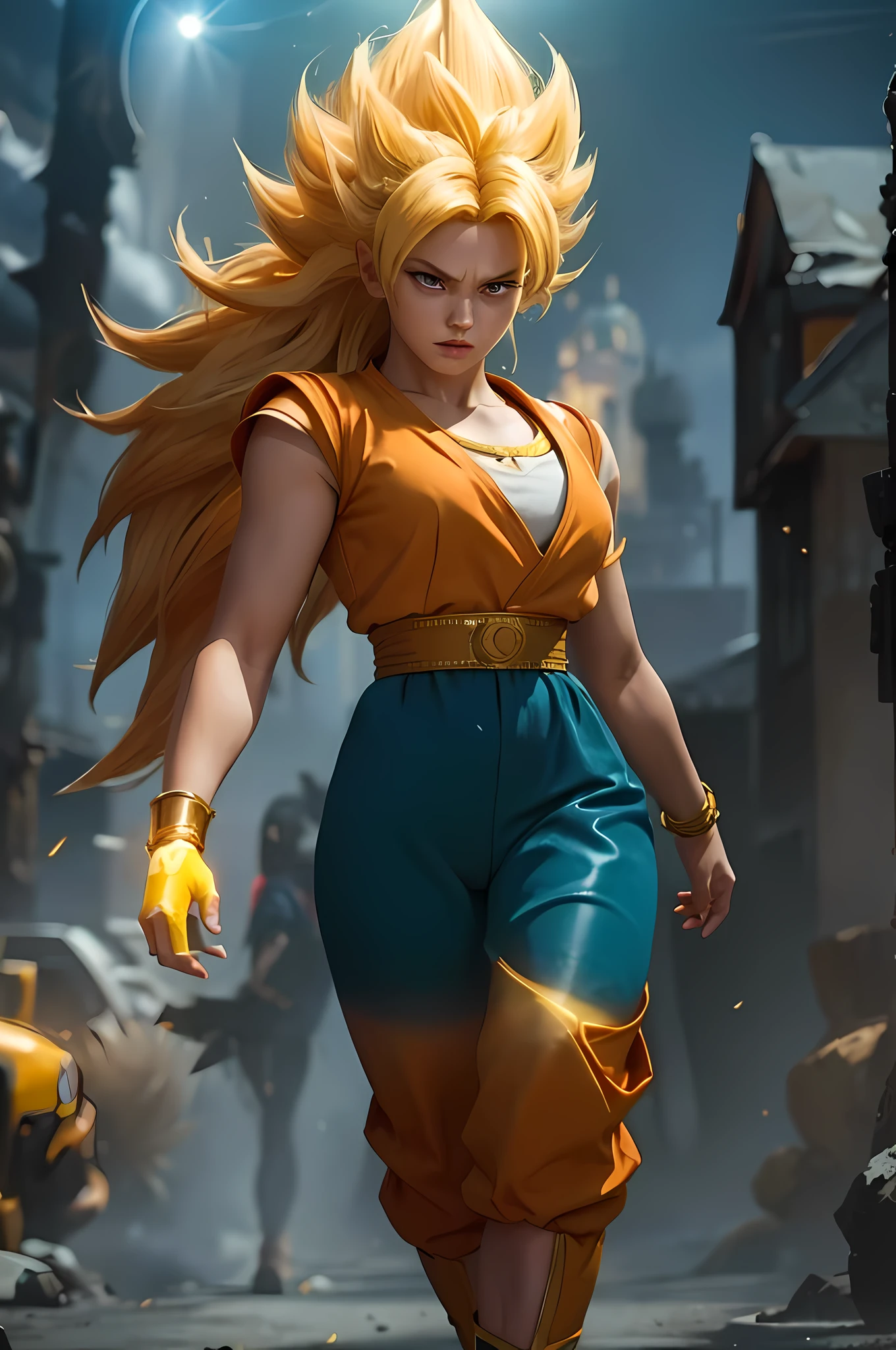 (realistic: 1.2), (realism), (masterpiece: 1.2), (best quality), (ultra detailed), (8k, 4k, complex),(full body photo: 1), (85mm), light particles, lighting, (high detailed: 1.2), (detailed face: 1.2), big eyes, beautiful goddess, makeup, perfect face, perfect lighting, 1girl, super saiyan, woman, blonde hair, (super saiyan), spiky hair, (long hair), energy ball in right hand, glow of death, serious look, TurtleSchoolUniform, dougi, belt, orange pants, blue shoes, small, cuff, huge chest, (shiny skin), shiny skin, wind blowing up, aura of yellow power, green pupils, gravel background, broken terrain, (exquisitely detailed skin: 1.3), cinematic light, edge lighting, ultra high resolution, best shadow, delicate, octane, unreal engine, (cameltoe:1.2, walking the streets of the