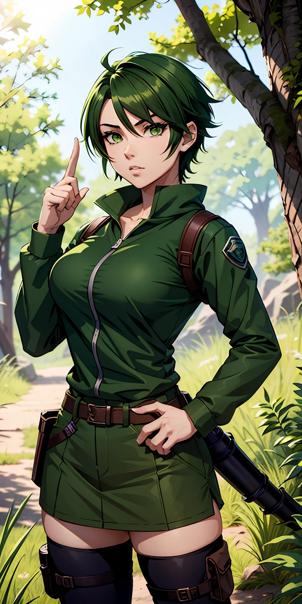 A fierce and independent ranger (anime waifu) with short green hair and piercing green eyes, who lives a life of adventure in the wild