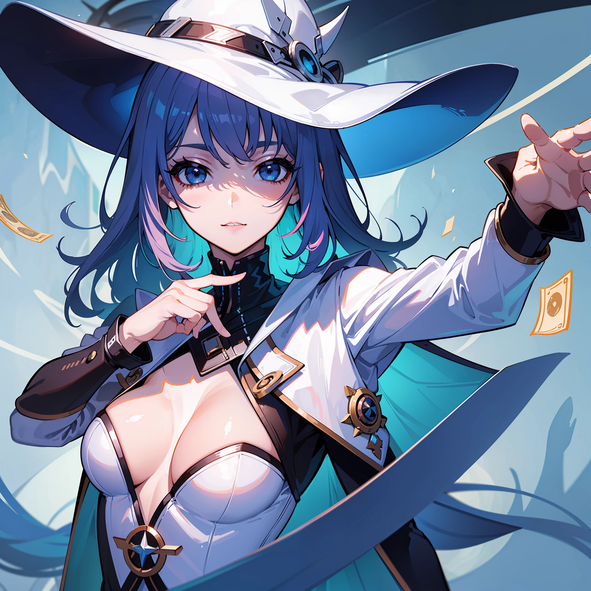 (best quality, ultra-detailed) portrait of a successful online marketer with a genius mind, Agent Wallet, (dynamic angle+dynamic pose), smart and confident look, floating on top of an ocean of money, surrounded by a high-tech and futuristic environment, she wears a big hat