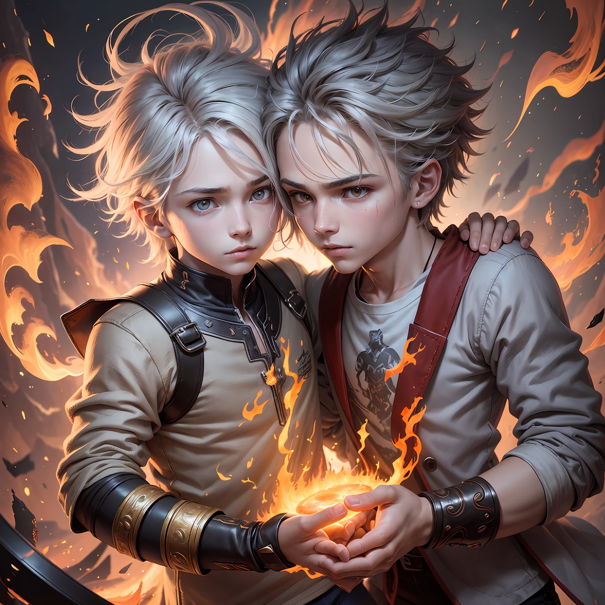Drawing, Fantasy, realism, epic lighting, cinematic composition, isometric, duet, different ages, hugs, burnt man, dynamic pose, solo guy 10 years old, light gray hair, yellow eyes, sleeves covered in fire, (rich in details), dressed in shirt and pants, detailing clothes, solo guy on fire, detailing masterpiece, Tyndall effect, (balance and coordination between all things), fire, fiery breeze, particle effects, flame, (8k:1.1) --auto --s2