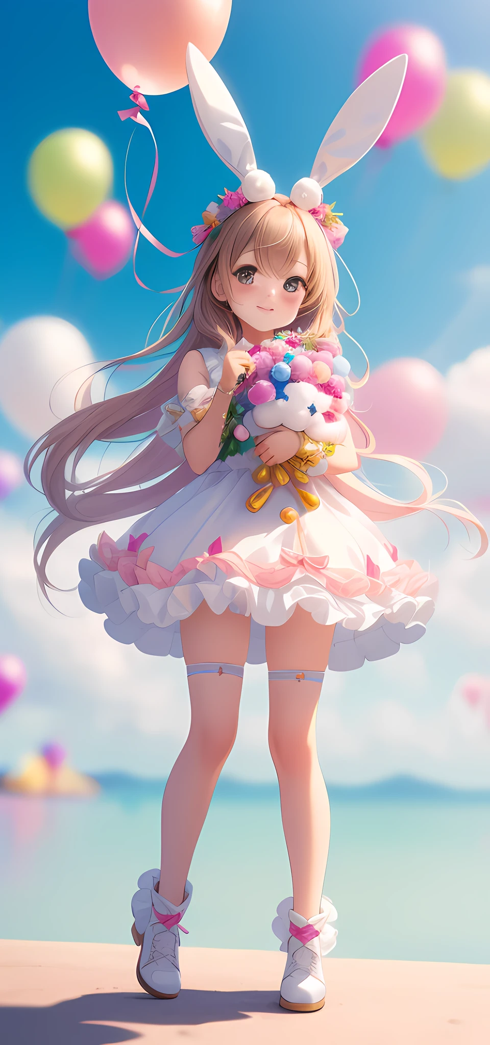 Bunny morphing cute girl, fluffy, soft ((best quality)), ((masterpiece)), ( extreme detail, highest detail, official art, beauty and aesthetics: 1.2), depth of field, composition, full body, (beautiful and detailed eyes: 1.3), (very happy: 1), colorful little balloon blur background