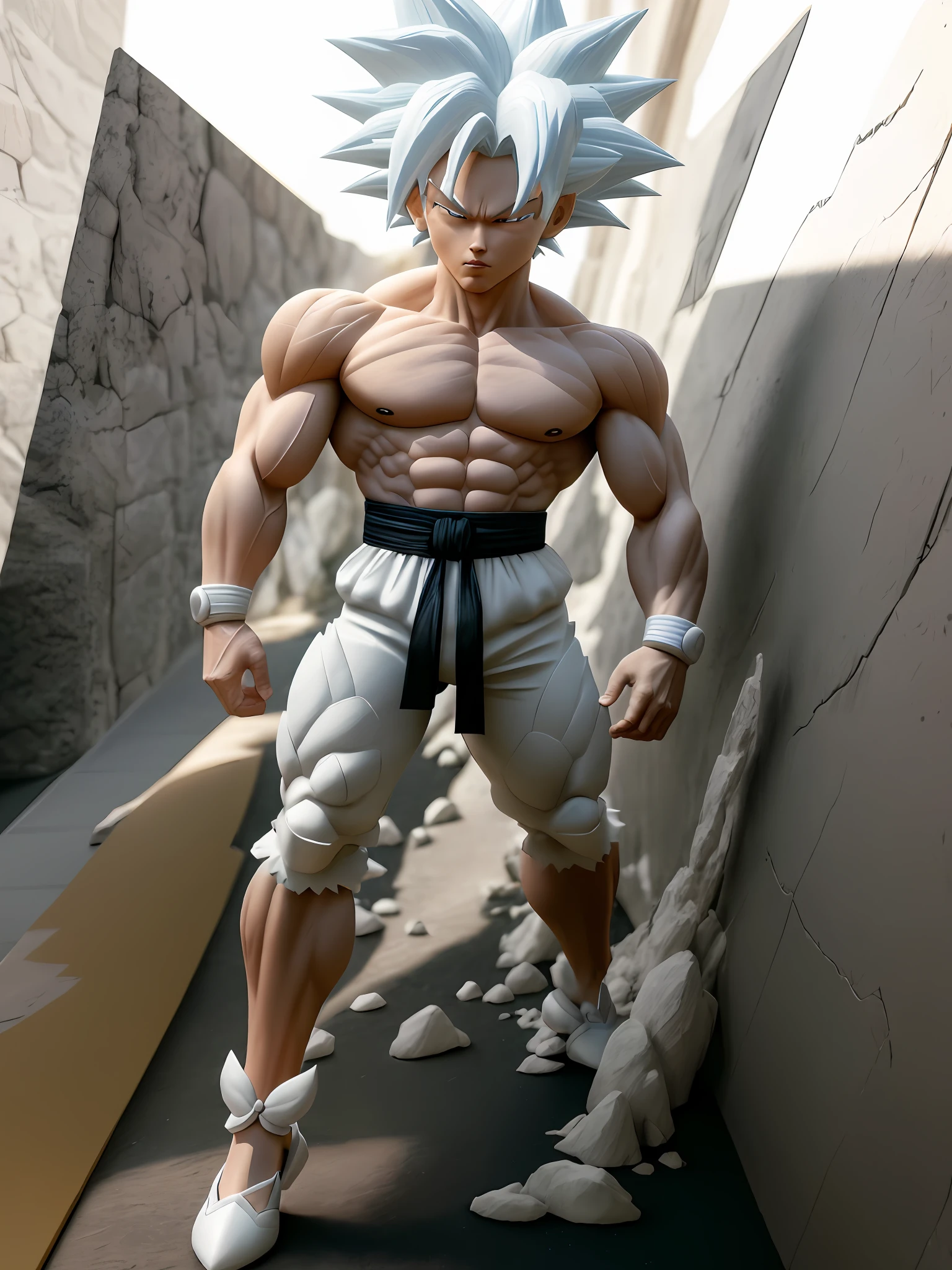 Goku, super saiyan, exquisite hair, arm depiction, white and blue hair body, exquisite shoes, eye depiction, exquisite hair, popmart blind box, clay texture, stepping on the land, black and white background, natural lighting, most good quality, super detail, 3D art, c4d, OC renderer, 3D rendering, 8k