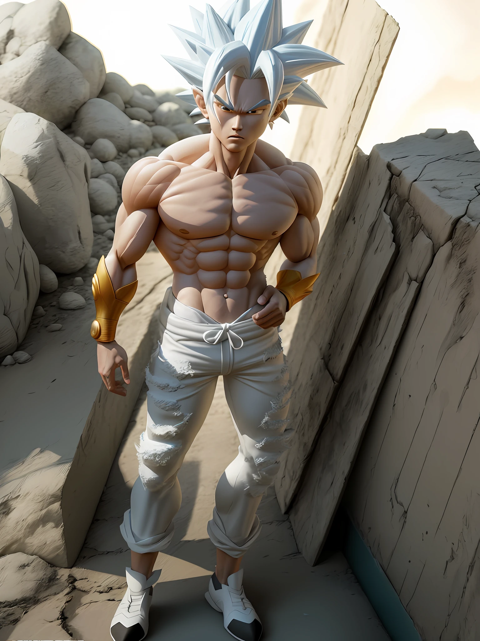 Goku, super saiyan, exquisite hair, arm depiction, white and blue hair body, exquisite shoes, eye depiction, exquisite hair, popmart blind box, clay texture, stepping on the land, black and white background, natural lighting, most good quality, super detail, 3D art, c4d, OC renderer, 3D rendering, 8k