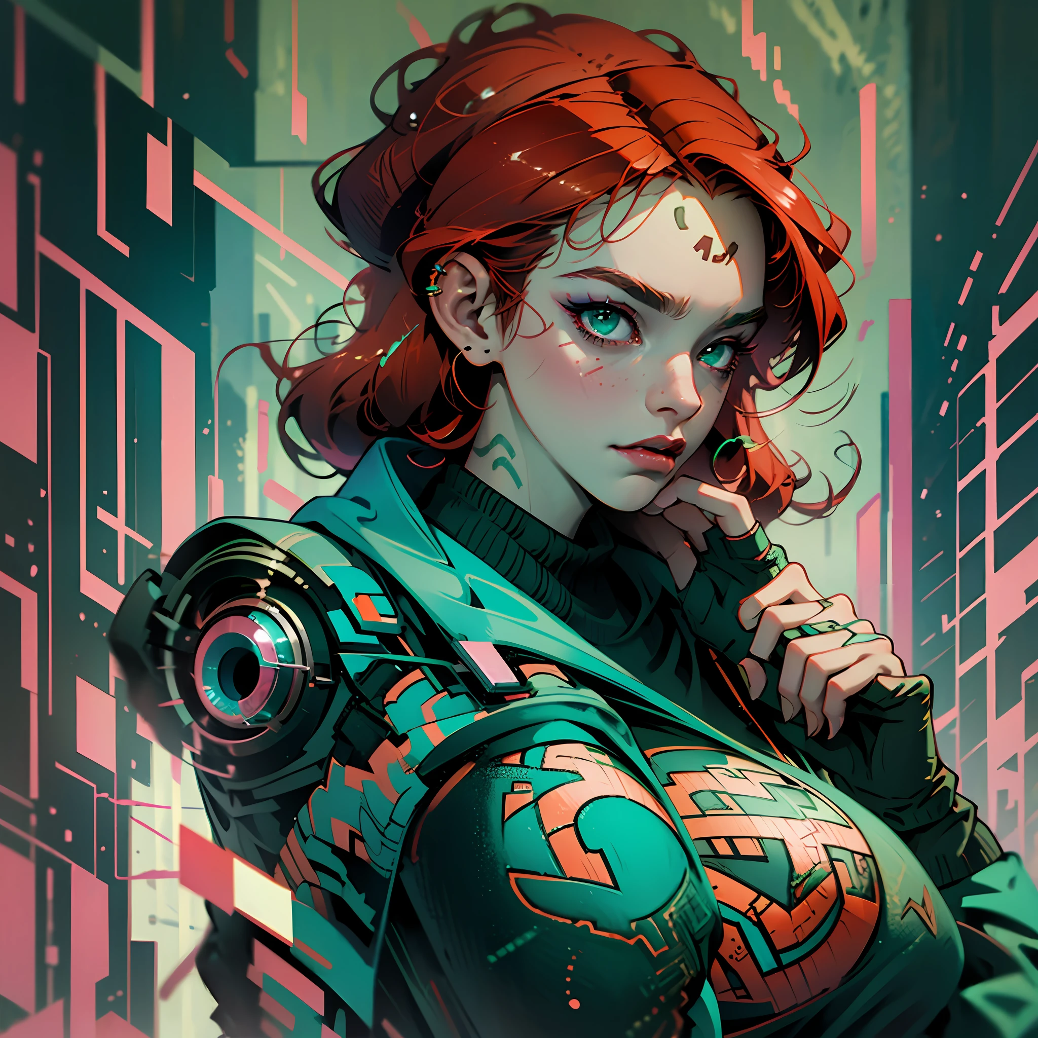 Cyberpunk background, redhead, big boobs, loose neckline, green eyes, three Z tattoo in the corner of left eye, human, fragile --auto --s2