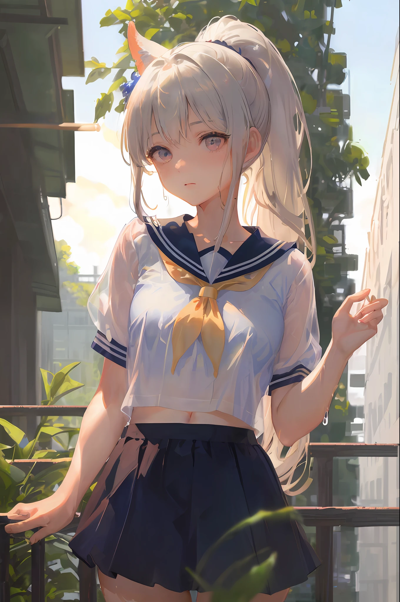 Cornflower art, dreamy, (masterpiece, top quality, perfect anatomy, beautiful face, realistic, super detailed, 1 girl, 18 ears senile, solo, depth of field, canon 24mm lens, f1.4, cute_girl, sailor_ collar, clear facial features, short sleeves, small breasts, slender stature, height 170, barefoot, double ponytail, bangs, gravure pose, outdoor, jungle, blurred background, (Uwabaki: 1.1576)) all over body, clear liquid dripping from the crotch, the front of the shirt is exposed, the breasts are visible, the bra is not on,