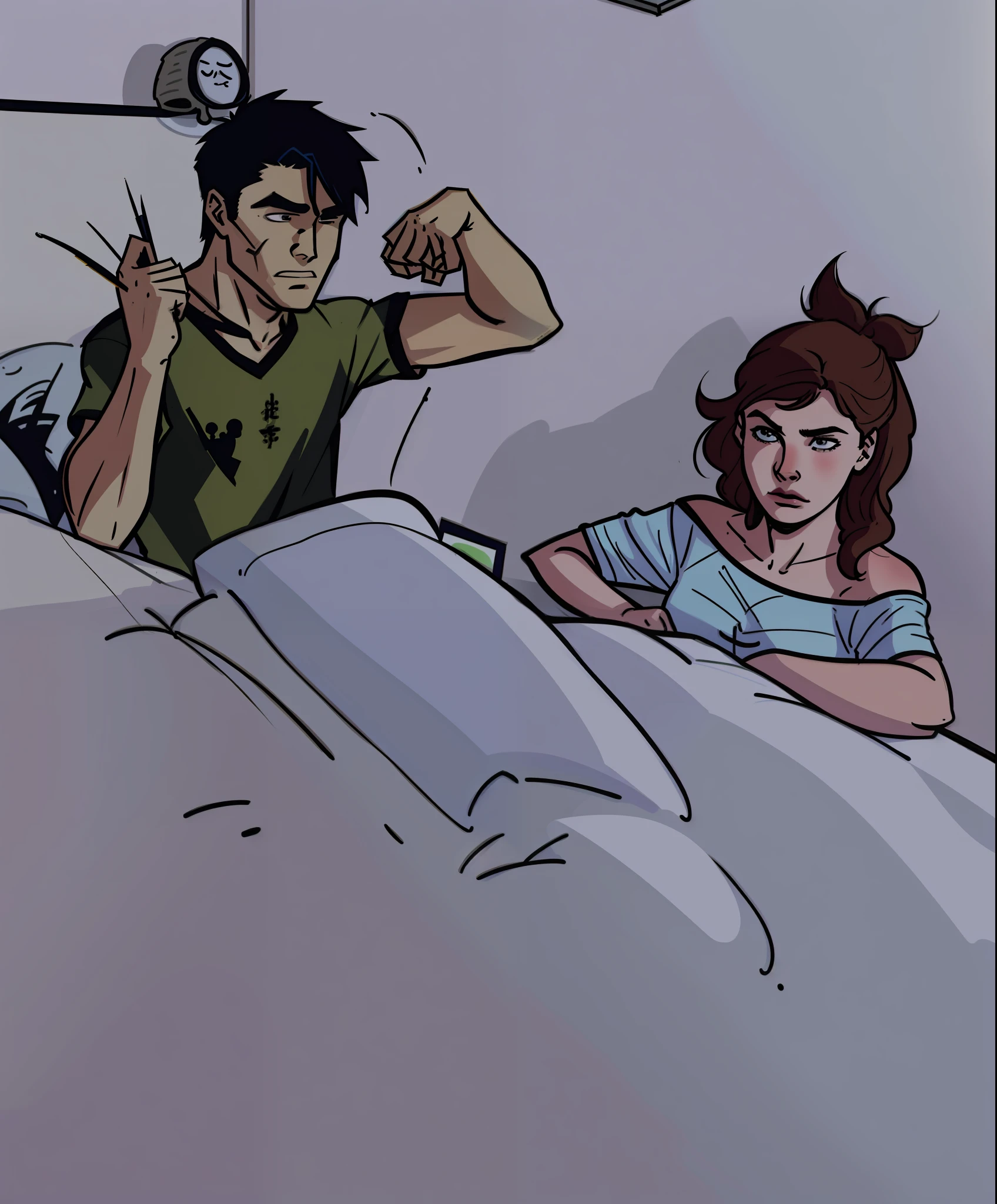 The art of a boy and a girl in a bed, girl next to the bed, bedroom setting, dark room colored comic panel panel, color comic book scanning, pencil and comic book ink, pencil and ink, inner comic book page, 8K, high quality,