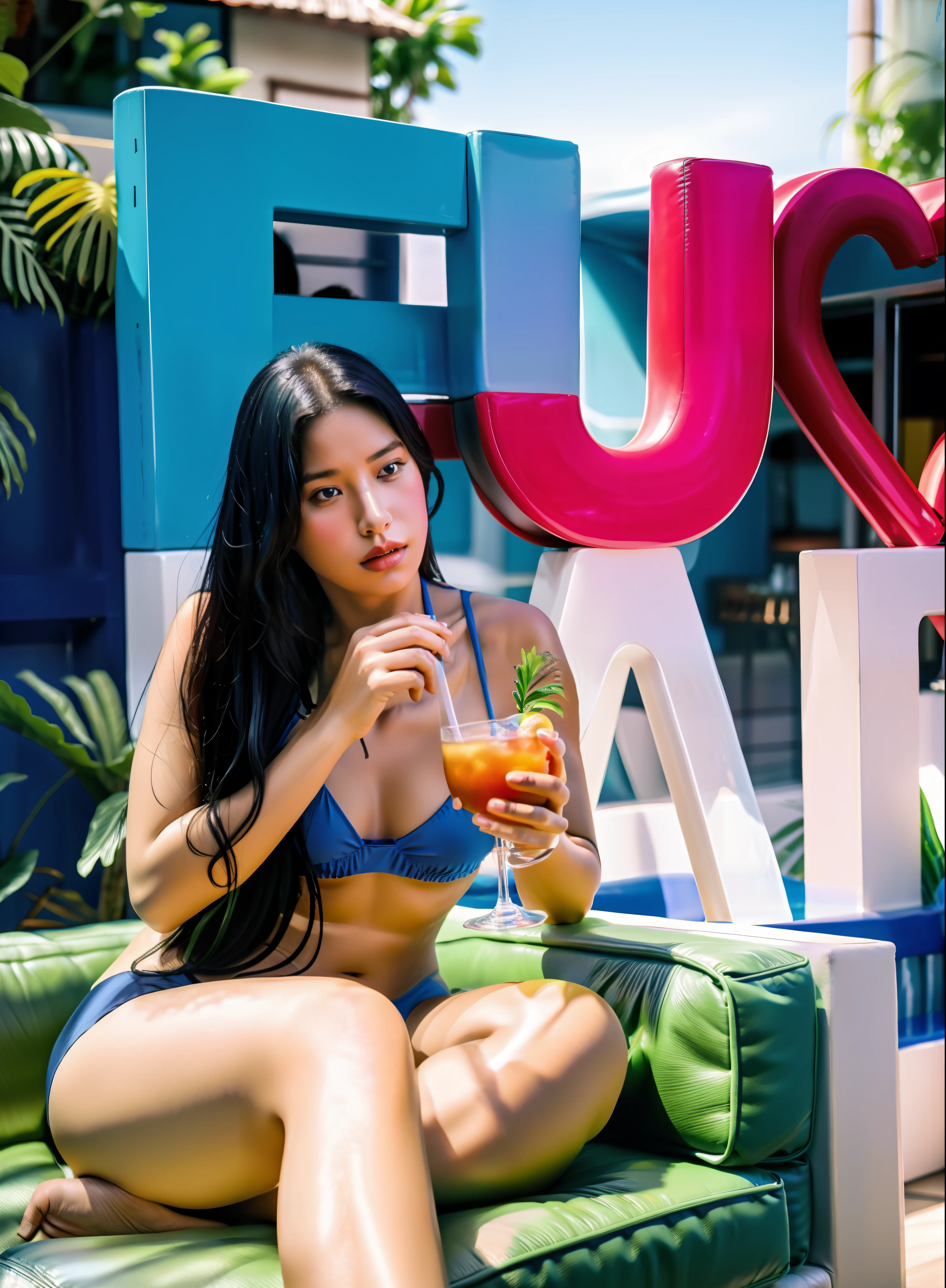 A woman in a blue bikini sitting on a couch holding a drink, a 30-year-old Cuban, profile picture, Violet Myers, Alanis Guillen, Paradise in the background, Marischa Becker, taken in 2 0 2 3, mixed art, taken in early 2023 tropical colors