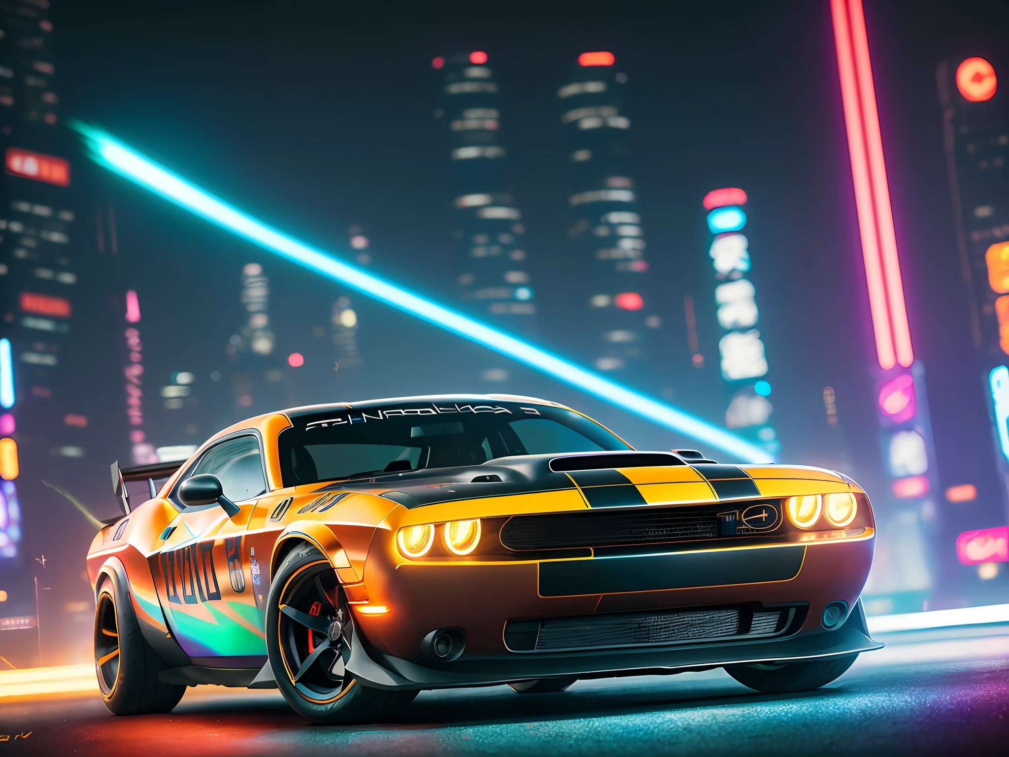 Poster, High Detail RAW Color Art, Animation, Airbrush Dodge Challenger Street Racing, Nitro Acceleration, Night Neon Tokyo, Sexy Girl, (((ultradetaled)), ((cyberPunk)), Light trail at high speed, ((Magical atmosphere)), widescreen, wallpaper 4k, smoke under wheels, Tokyo drift, light streaks, ray tracing, subsurface scattering, diffuse soft light, shallow depth of field, by (Oliver Wetter), author Stanley Kubrick, Canon EOS R5, 180mm lens, f/2.8, (sharp focus bokeh)