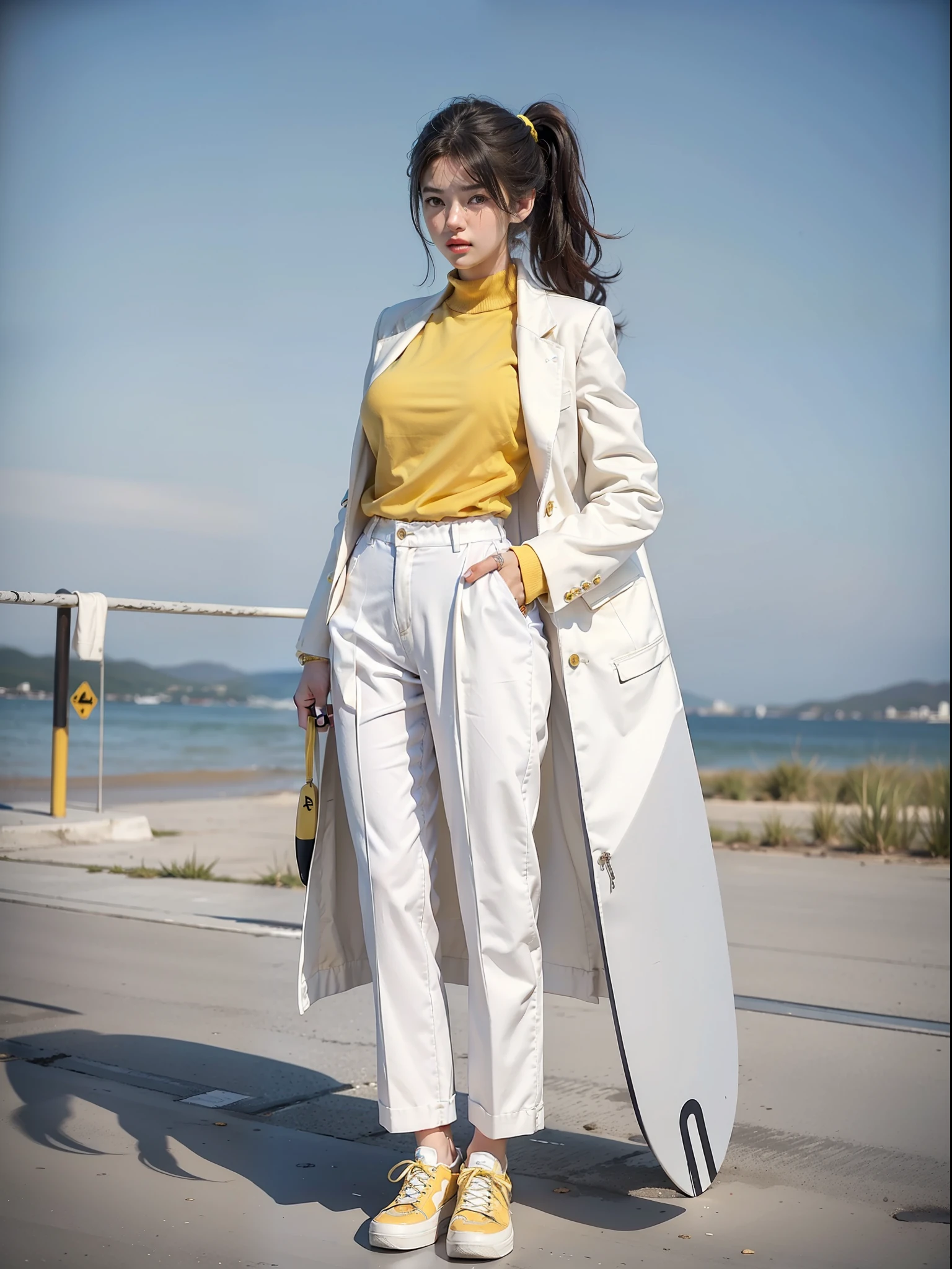 (Female: 1.2), (Large breasts: 1.2), (Mullet head scattered), (Ring finger diamond ring), (Wearing a white coat), (Slacks), (Yellow board shoes), (Spring clothes), (Long legs), Sideways, Buttocks, Full Body, Masterpiece, Realism