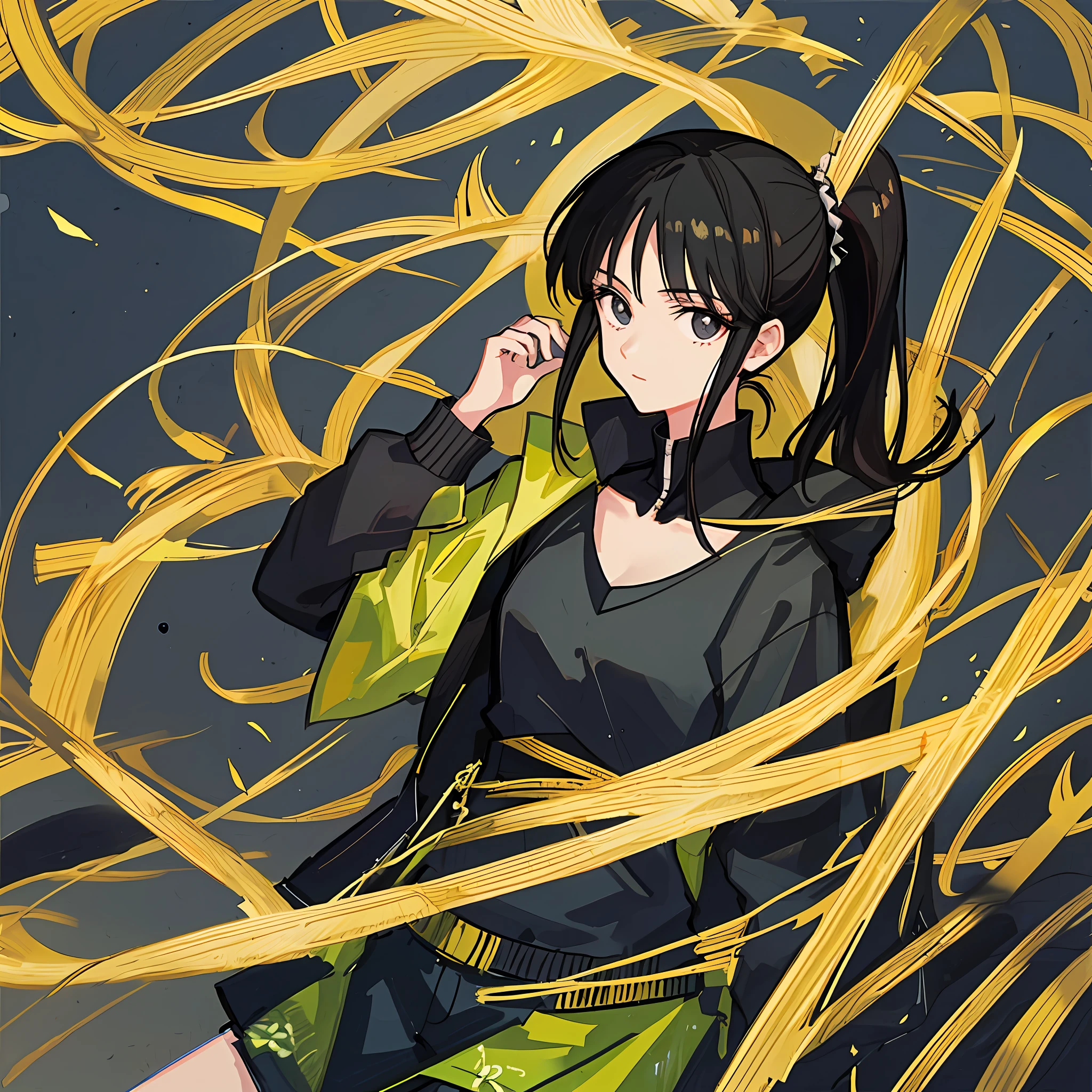 (Masterpiece), (Best Quality), (Super Detail),(Illustration), 1 Woman, Black Hair, Ponytail Hair, Black Clothing, by Yoshihiro Togashi, Manipulating Shadows.