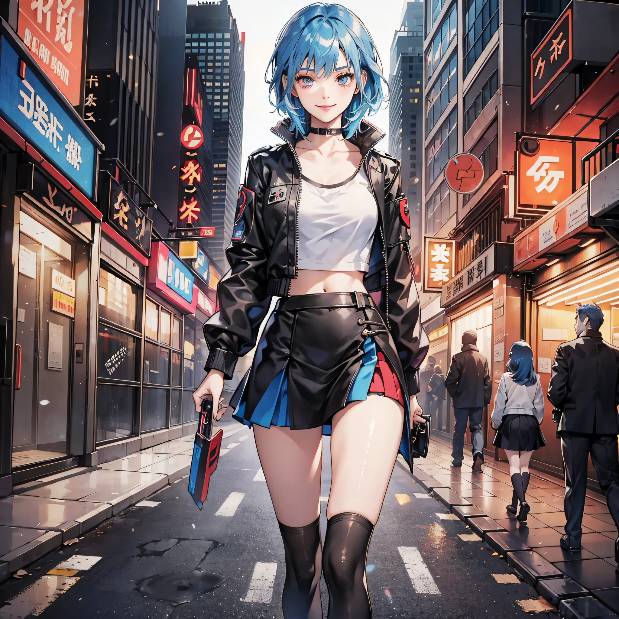 Lucyna Kushinada, Cyberpunk, character, blue hair, slim, white top, black short skirt, black stockings, insidious smile, walks through the city, full-length --auto --s2