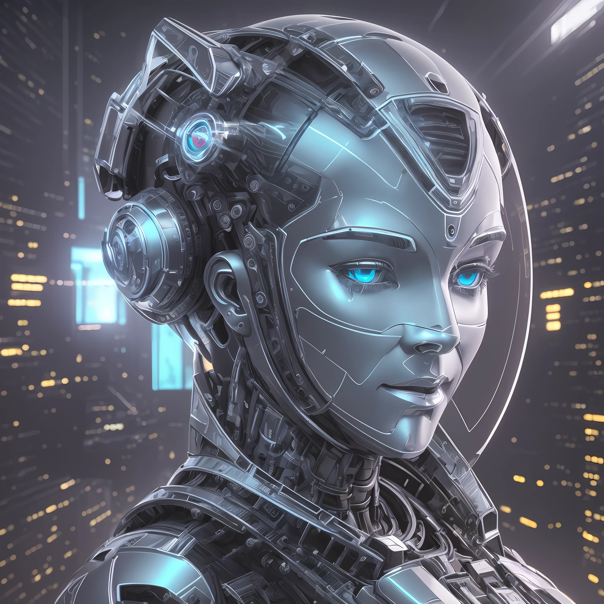 Perfectly-centered portrait of a robot, center frame, highly detailed, front-facing!!!, professional digital painting, unreal engine 5, photorealism, full face, hd quality, 8k resolution, cinema 4d, 3d, cinematic, professional photography, color black, white, cyan, yellow and purple --auto --s2