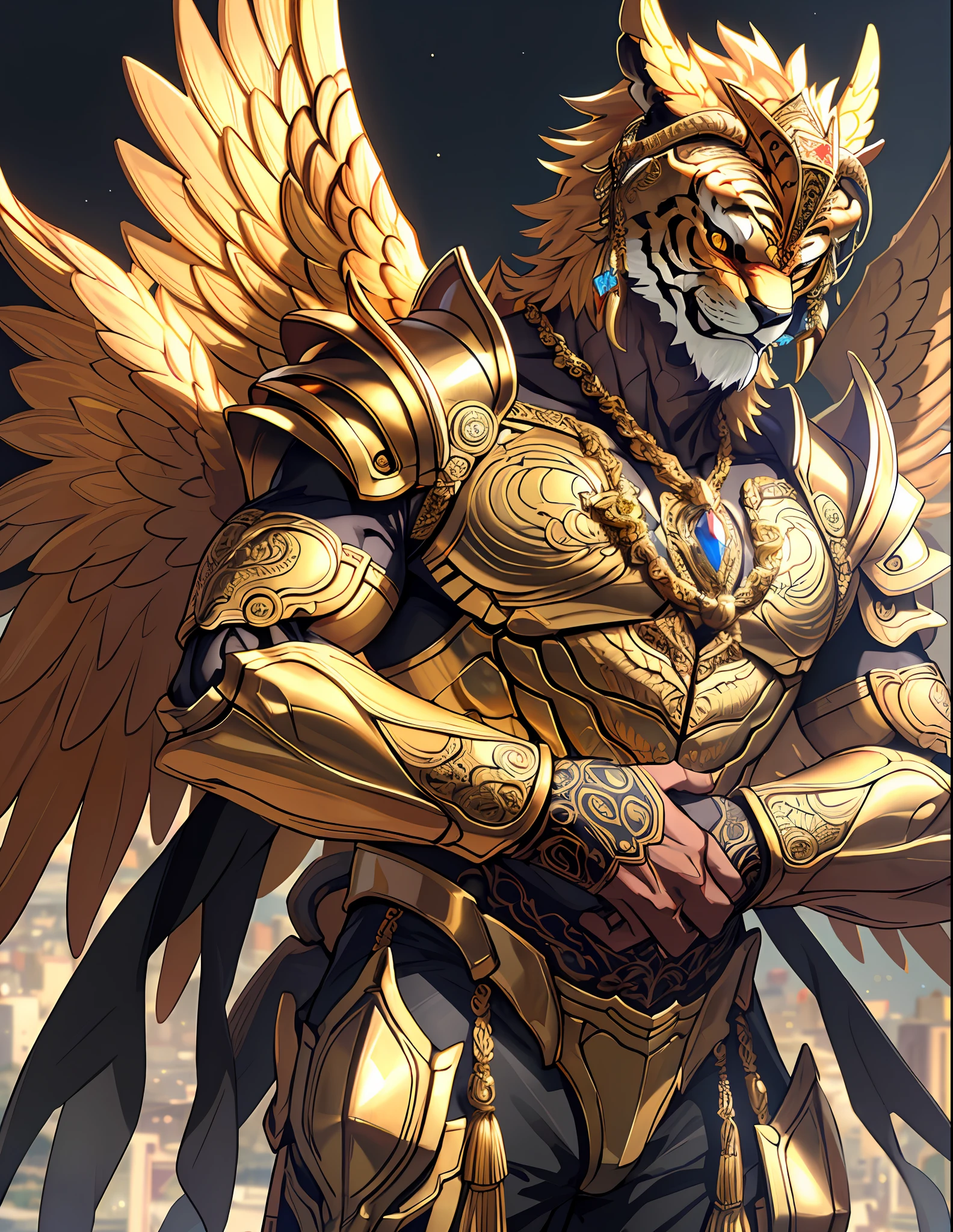 ((raw photo)), ((masterpiece)), anthropomorphic humanoid AngelTiger wearing gold armor, intricate detail, futobot, intricate Greebles pieces, golden celestial city behind, large wings