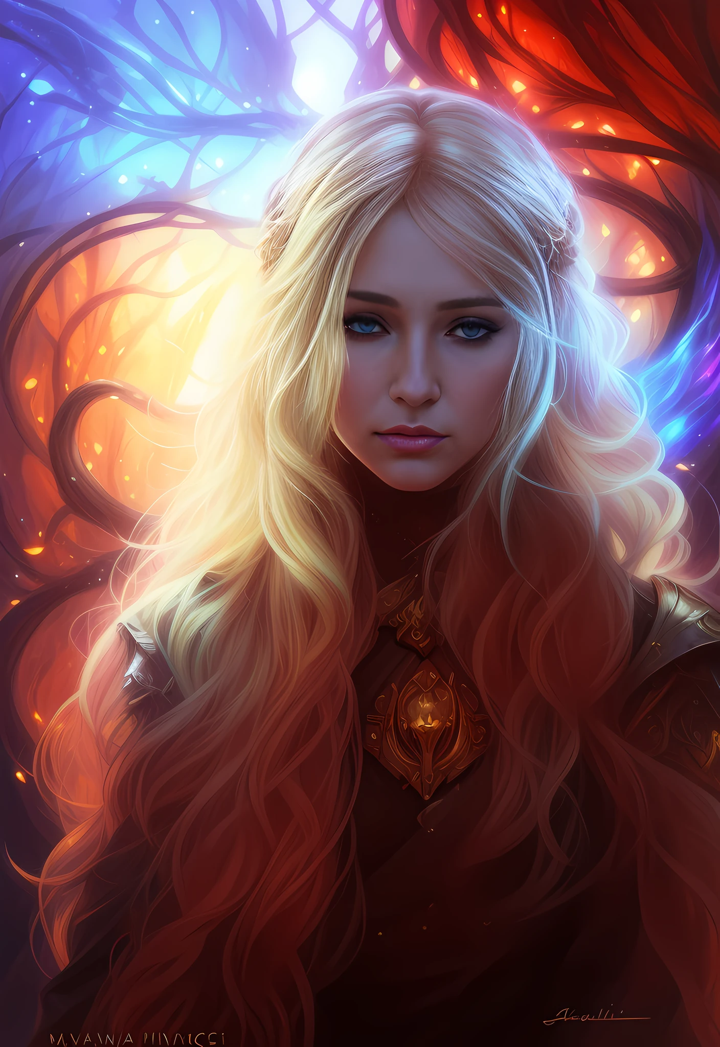 a close up of a woman with long blonde hair holding a cell phone, inspired by Magali Villeneuve, fantasy art portrait, fantasy portrait art, detailed matte fantasy portrait, alice x. zhang, fantasy portrait, epic fantasy art portrait, beautiful fantasy art portrait, magali villeneuve', graphic artist magali villeneuve, fantasy genre portrait, epic fantasy digital art style