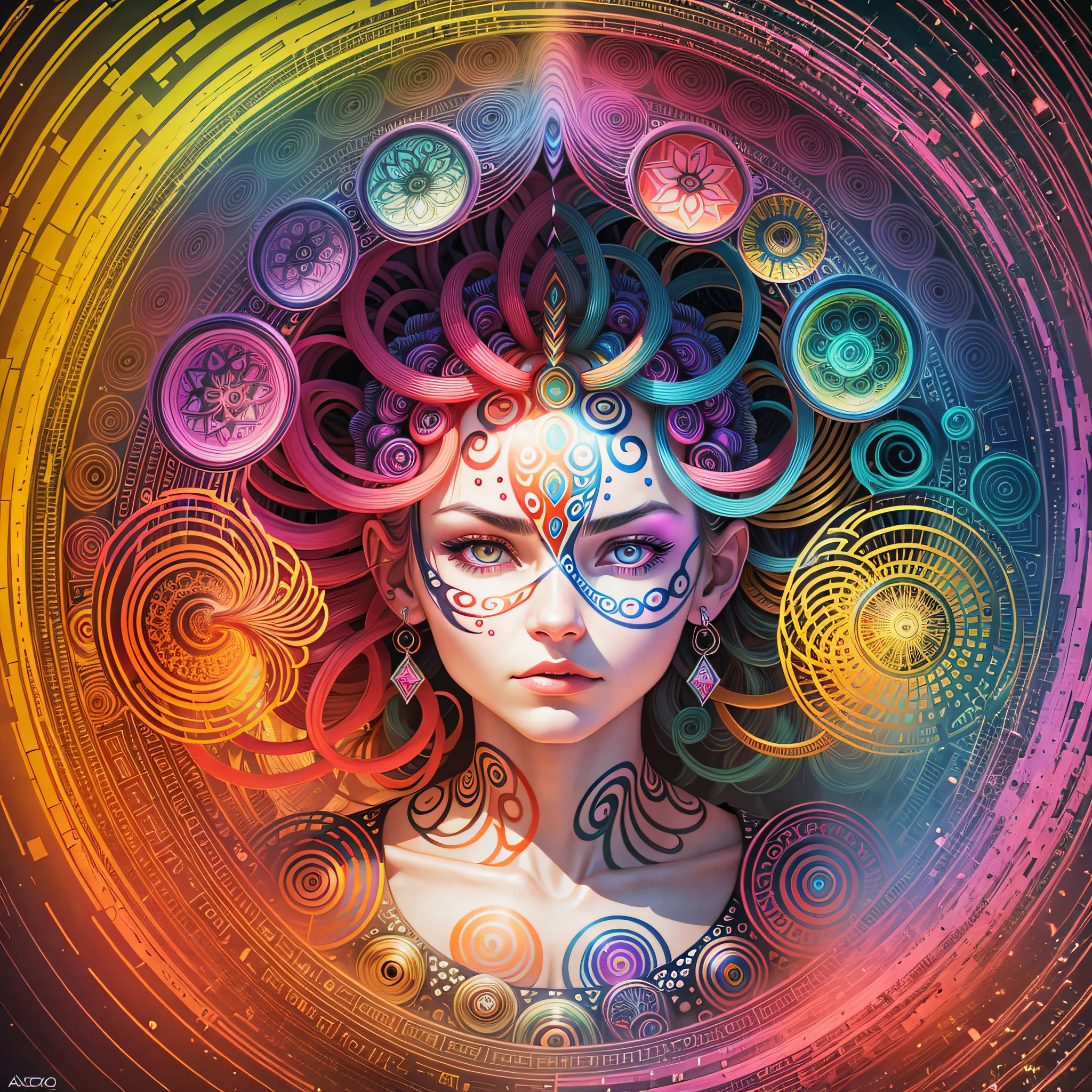 art similar to Alex Grey's art, lots of saturation in colors, woman, vortex, ultra realistic --auto --s2