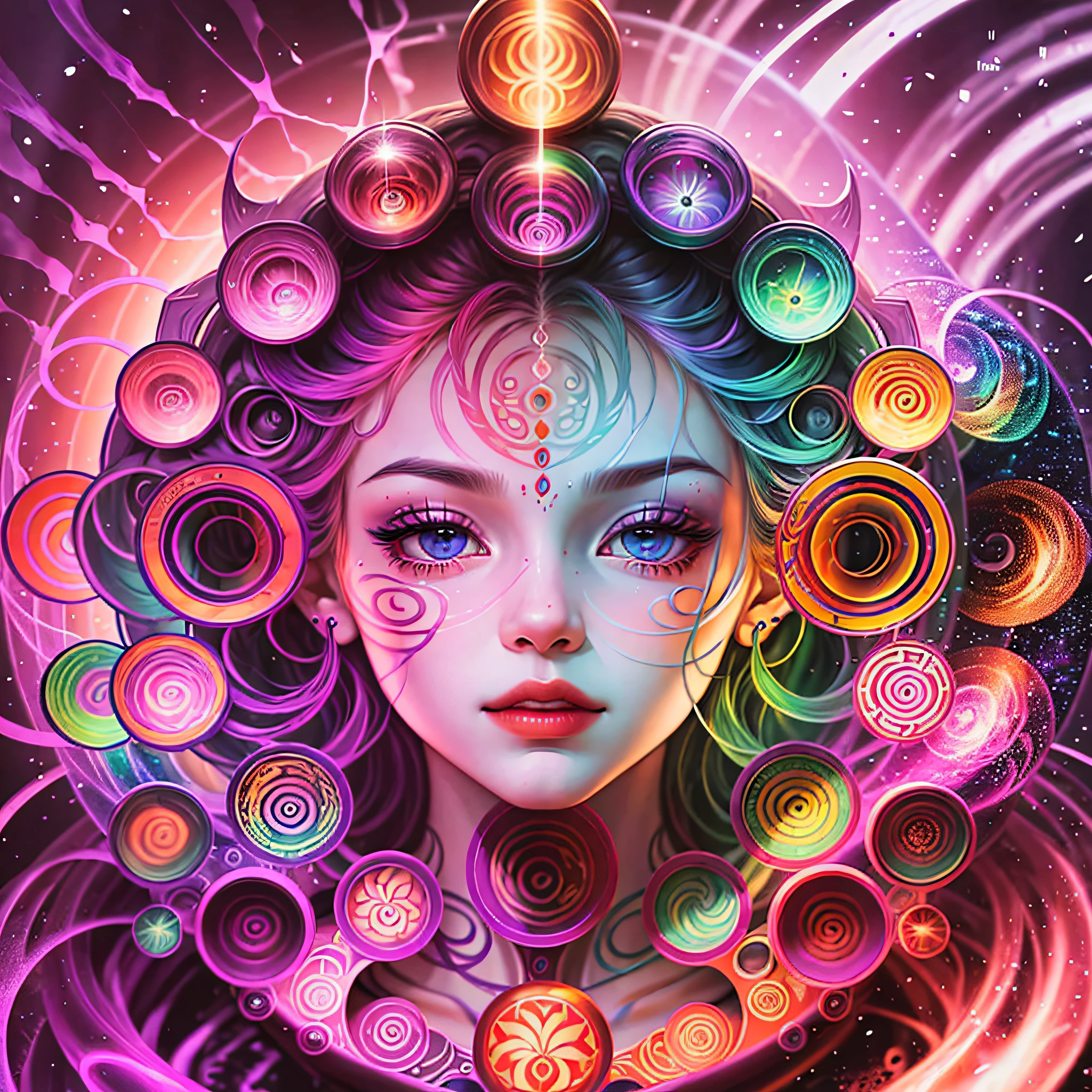art similar to Alex Grey's art, lots of saturation in colors, woman, vortex, ultra realistic --auto --s2