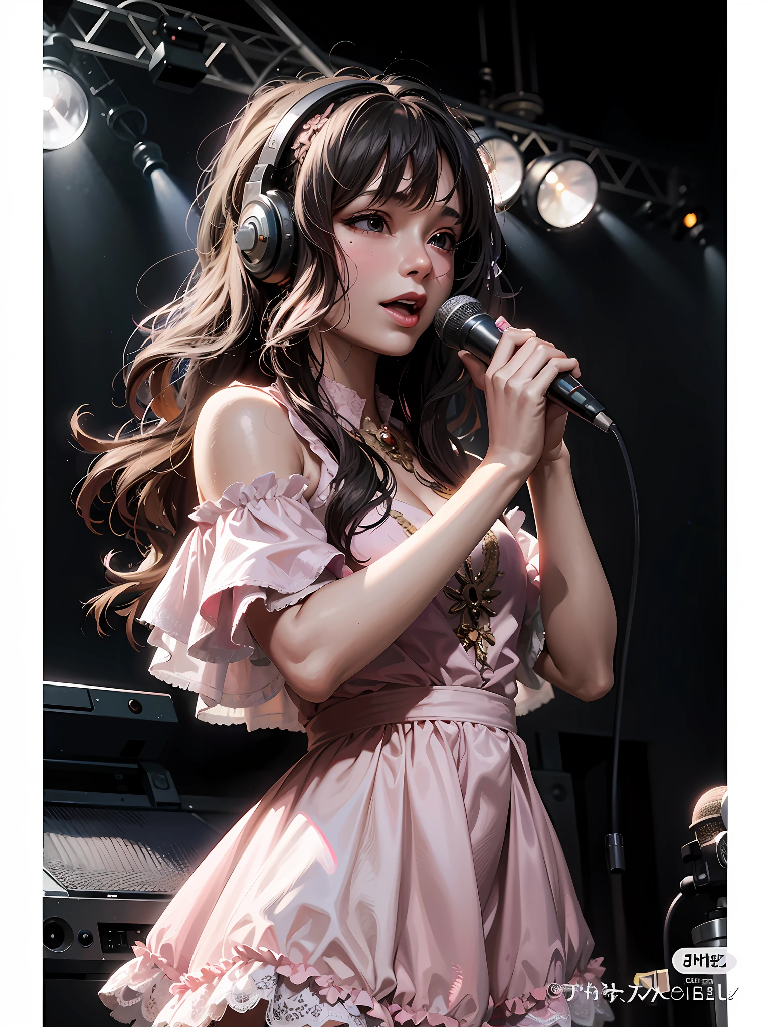 araffe girl in a pink dress singing into a microphone, belle delphine, official artwork, sakimichan, fairycore, trending at cgstation, guweiz, chiho, trending on cgstation, e-girl, e - girl, 奈良美智, cutecore, shikamimi, album art