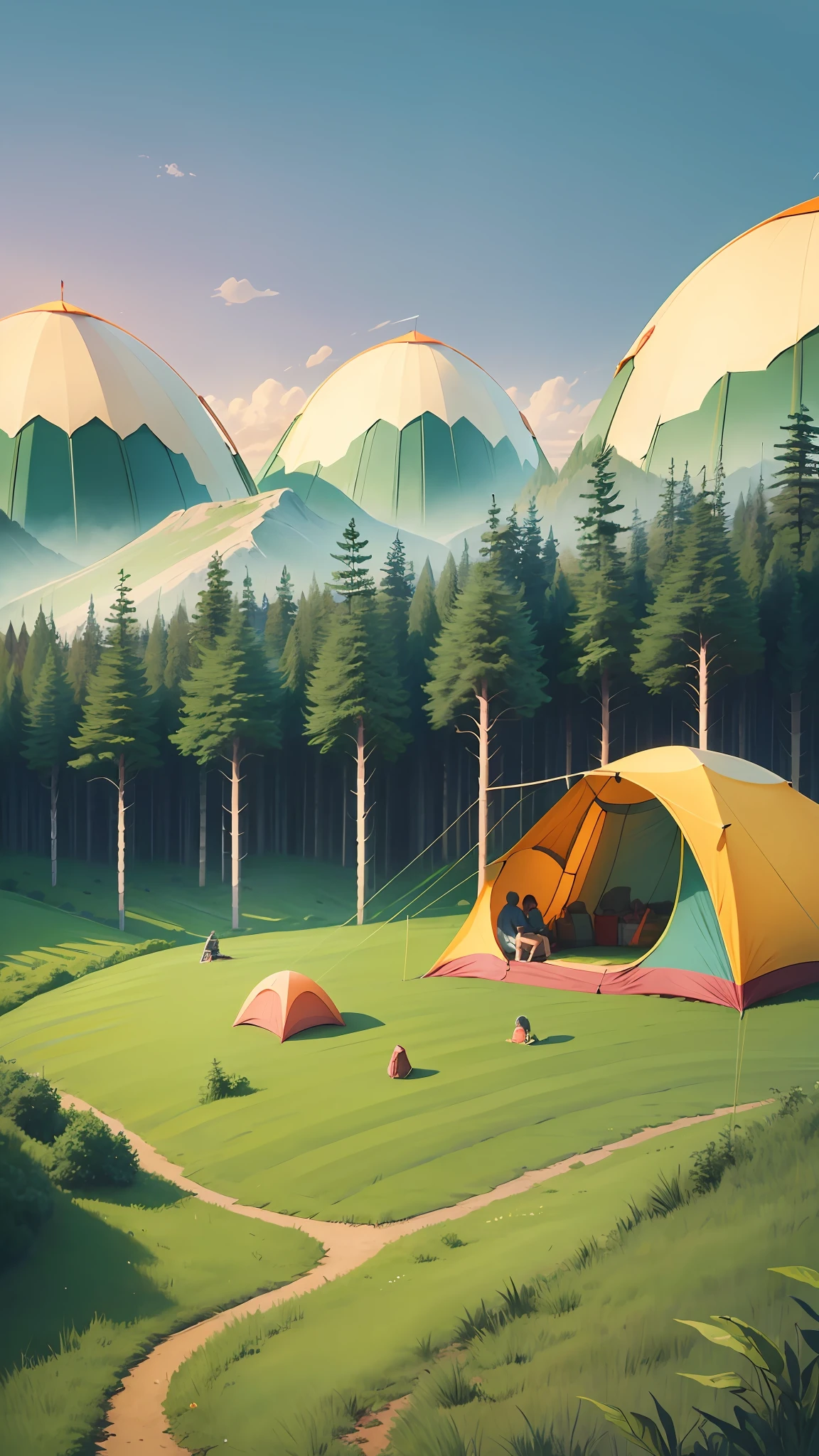 Excellent, super detailed, illustration, there is a family next to the tent, the tent is located in the lower right corner of the picture, there is a bamboo forest, meadow, wide angle, far away, camping, camping --auto --s2