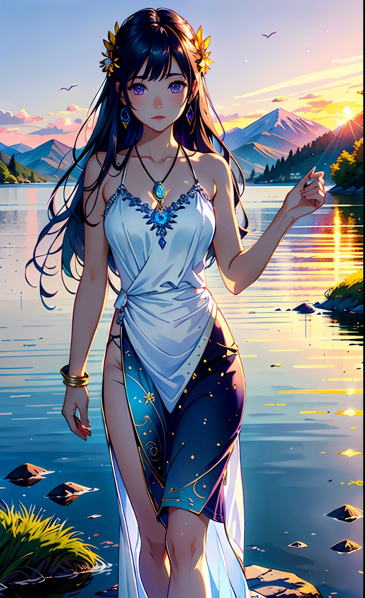 1 girl, athena, serene expression, mesmerizing eyes, long straight purple hair, flowing long white dress, balanced posture, porcelain skin, subtle blush, crystal pendant BREAK golden hour, (rim lighting): 1.2, warm tones, sun reflection, soft shadows, vibrant colors, pictorial effect, dreamy atmosphere BREAK scenic lake, distant mountains, willow, calm water, reflection,  Sunlit Clouds, Tranquil Environment, Idyllic Sunset, Ultra Detailed, Official Art, 8K Unit Wallpaper, Zentangle, Mandala