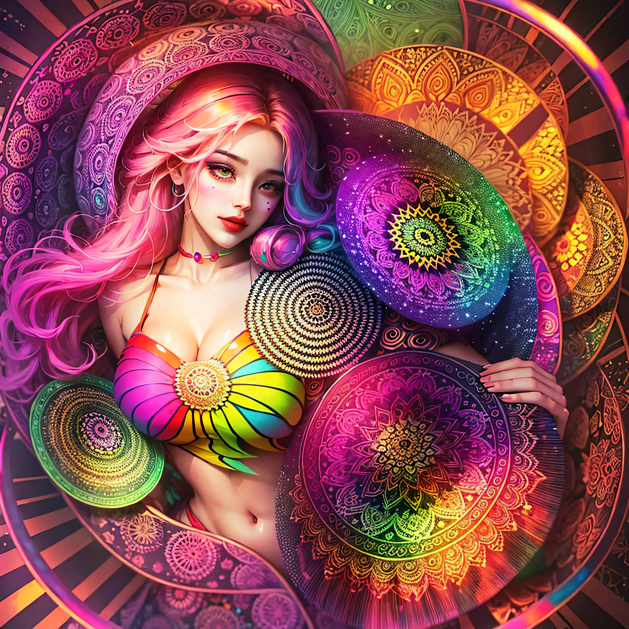 woman with large breasts, vibrant colors, psychedelic image, LSD, mandala, fractral --auto --s2