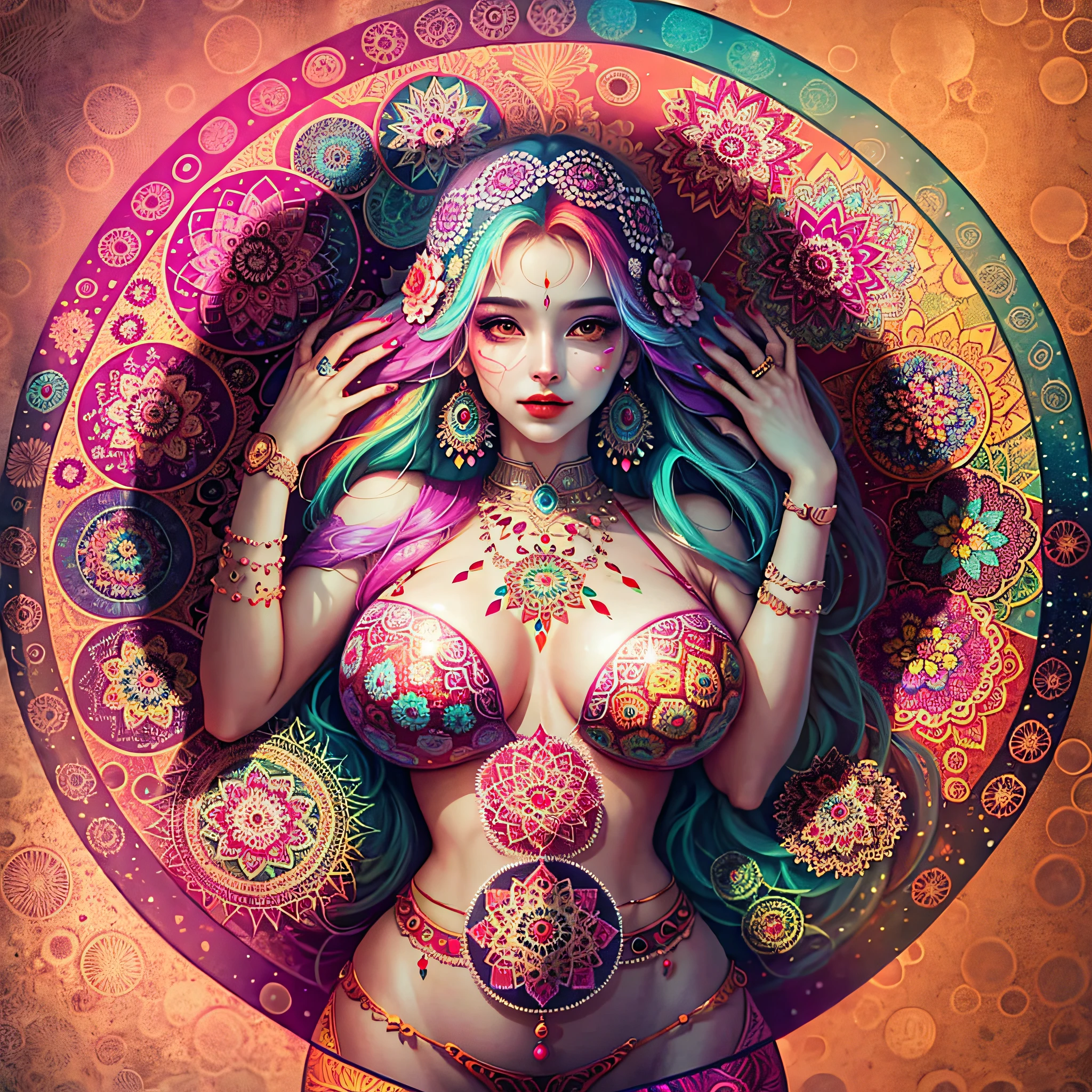 woman with large breasts, vibrant colors, psychedelic image, LSD, mandala, fractral --auto --s2