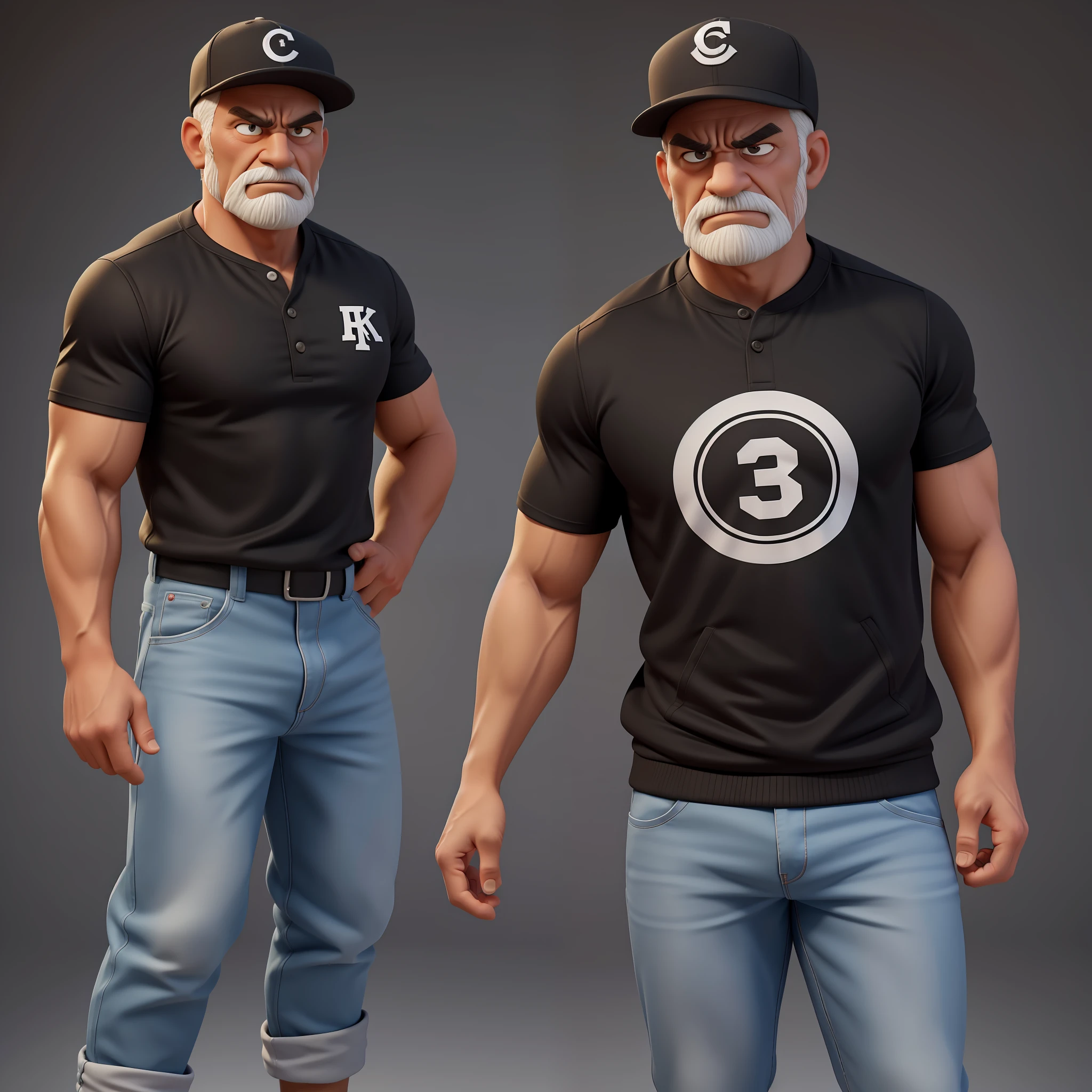 Create a 3d, 8K cartoon of an angry, full-body, well-muscled old man with a baseball player's jacket and a cap on his head. Make sure the resulting image has a cartoonish look, with vibrant colors and smooth edges. Add details to give the old man an angry look, such as furrowed brows and a tight mouth. Make sure that the black shirt striped with white is an important element of the image, and add details to make it attractive and interesting. Add textures and details to make the image more realistic, such as the appearance of the shirt texture and the appearance of the skin. Make sure the resulting image is high resolution, 8K quality." —c 10 —ar 2