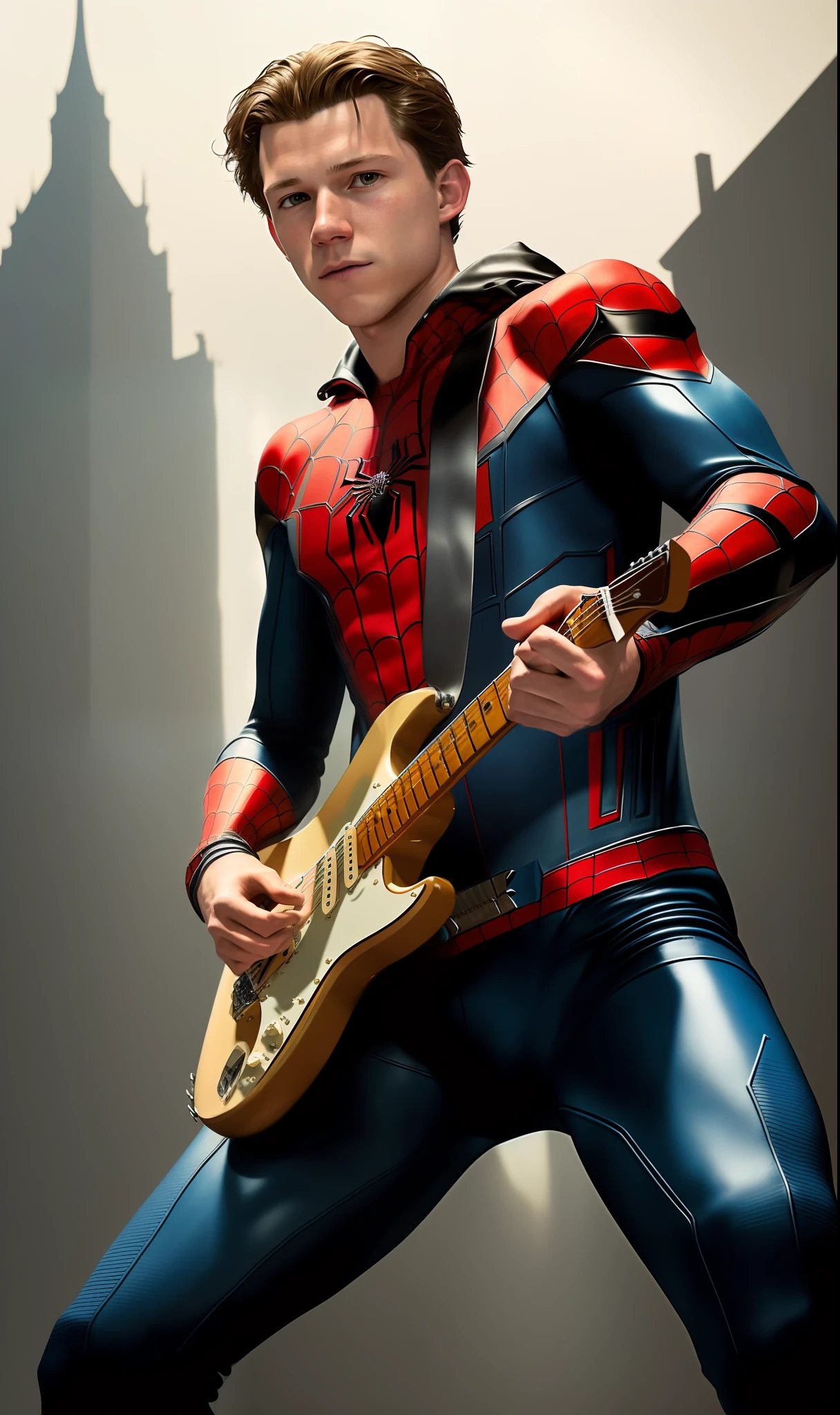 ((best quality)), ((masterpiece)), ((realistic)), (detailed), (Tom Holland:1.2), ((playing the electric stratocaster guitar)), ((Wearing spider-man costume)), (wearing a black leather jacket on top), flames, (metalhead, rock and roll), detailed digital art, trend in artstation, concept art, unreal engine, hyper detailed, volumetric light, moody cinematic epic concept art, realistic matte painting, cinematic epic, insanely detailed,  , ((masterpiece)), absurdists, HDR