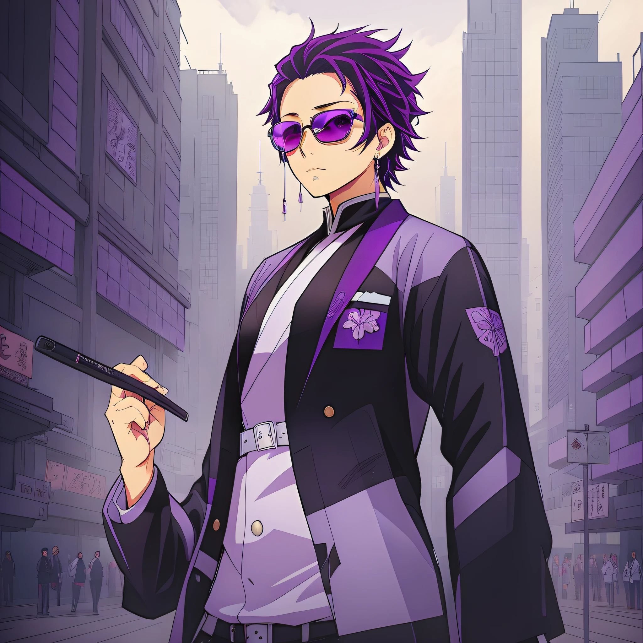 Purple and white digital painting of national style man with purple sunglasses, beautiful artwork illustration, Guweiz style artwork, beautiful digital illustration, beautiful digital illustration, cyberpunk geisha, Zhang Jingna, stunning digital illustration, beautiful digital artwork, elegant digital art, beautiful gorgeous digital art --auto --s2