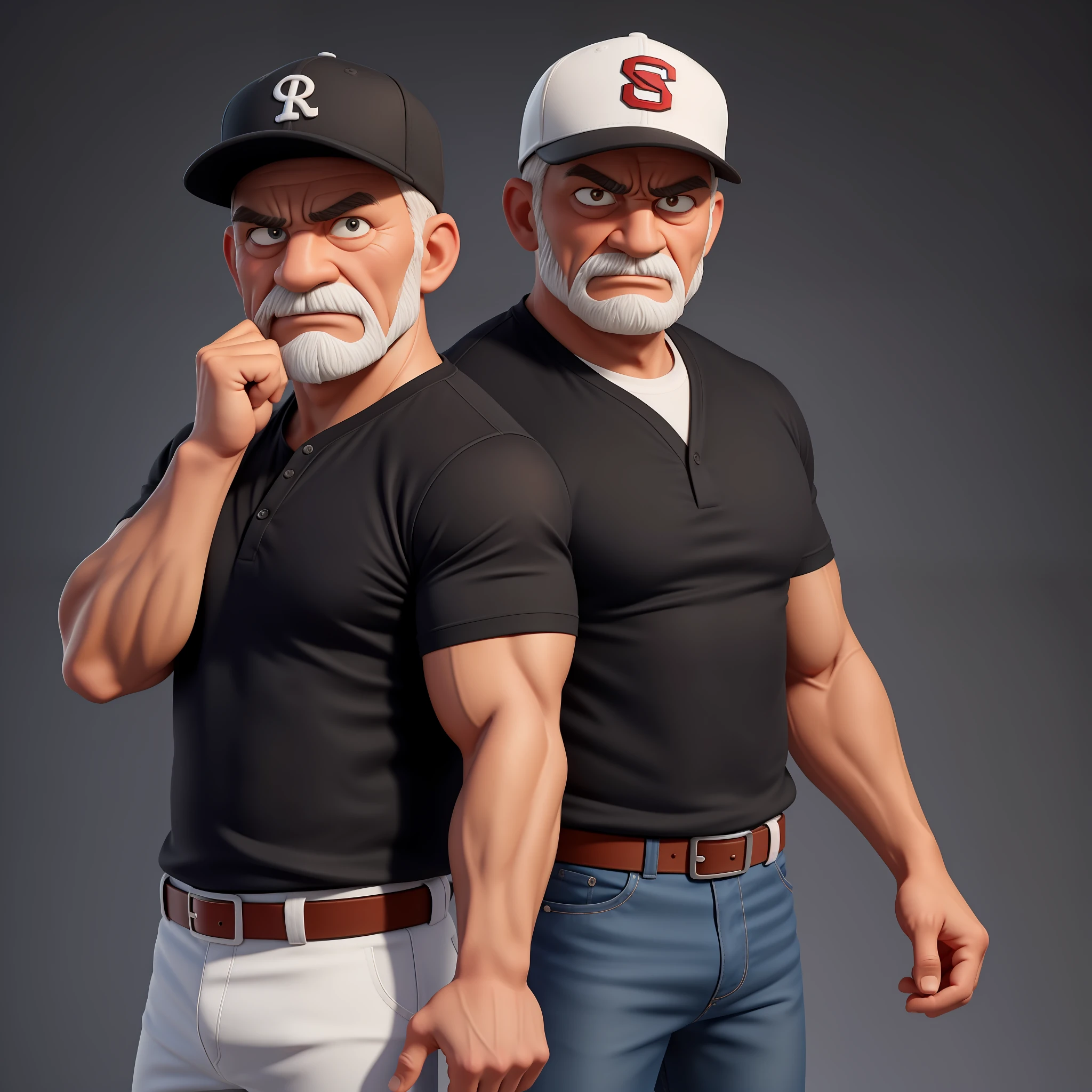 Create a 3d, 8K cartoon of an angry, full-body, well-muscled old man with a baseball player's jacket and a cap on his head. Make sure the resulting image has a cartoonish look, with vibrant colors and smooth edges. Add details to give the old man an angry look, such as furrowed brows and a tight mouth. Make sure that the black shirt striped with white is an important element of the image, and add details to make it attractive and interesting. Add textures and details to make the image more realistic, such as the appearance of the shirt texture and the appearance of the skin. Make sure the resulting image is high resolution, 8K quality." —c 10 —ar 2