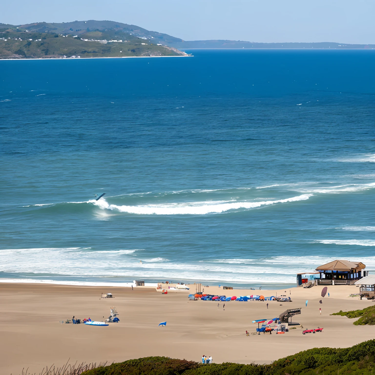 there are people riding on a surfboard in the ocean, at the sea, near a jetty, sunny day at beach, the sea in the background, calm sea and beach background, view of sea, the ocean in the background, taken with sony a7r camera, sea in the background, taken with sony alpha 9, a photo of the ocean, sea in background