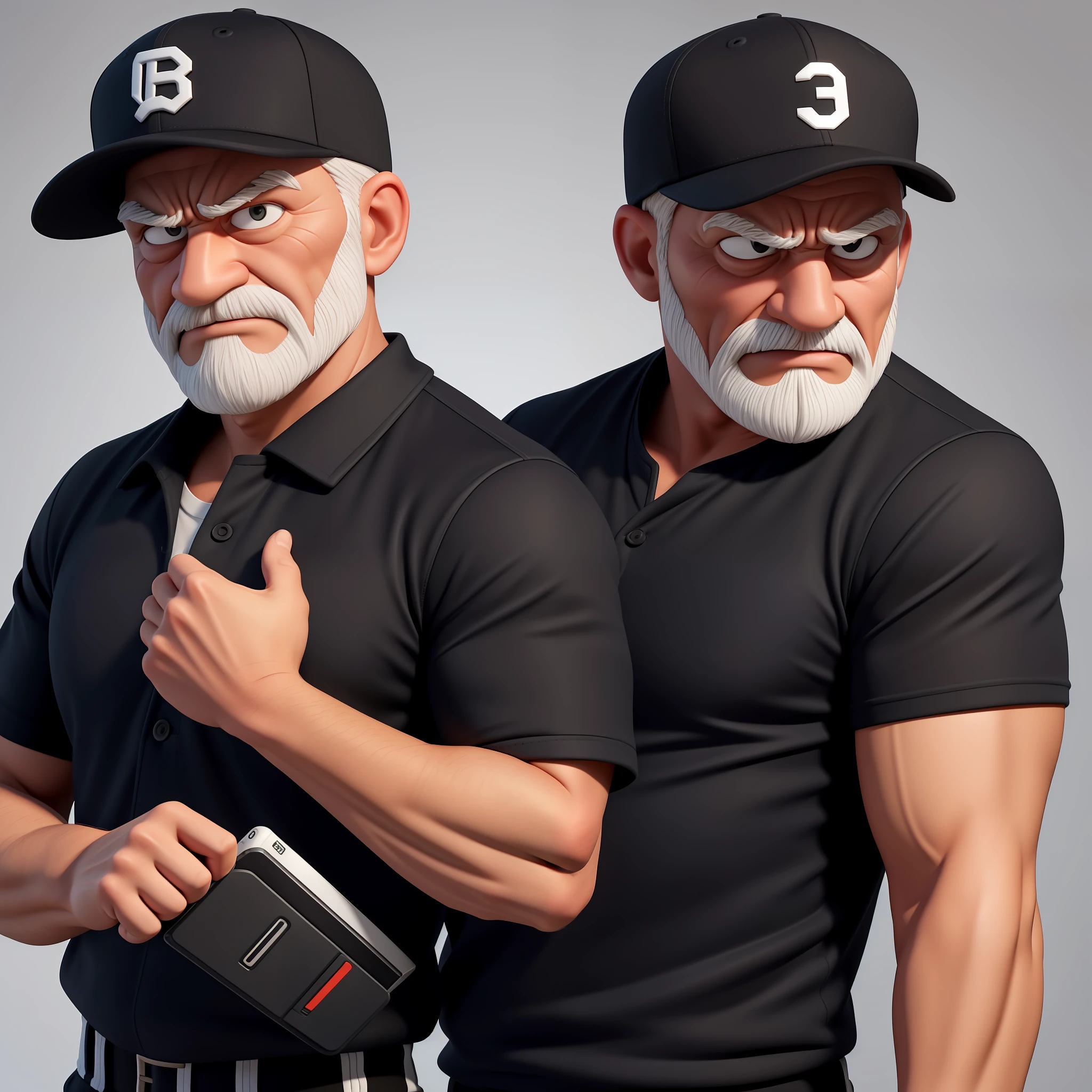 Create a 3d, 8K cartoon of an angry, full-body, well-muscled old man with a baseball player's jacket and a cap on his head. Make sure the resulting image has a cartoonish look, with vibrant colors and smooth edges. Add details to give the old man an angry look, such as furrowed brows and a tight mouth. Make sure that the black shirt striped with white is an important element of the image, and add details to make it attractive and interesting. Add textures and details to make the image more realistic, such as the appearance of the shirt texture and the appearance of the skin. Make sure the resulting image is high resolution, 8K quality." —c 10 —ar 2