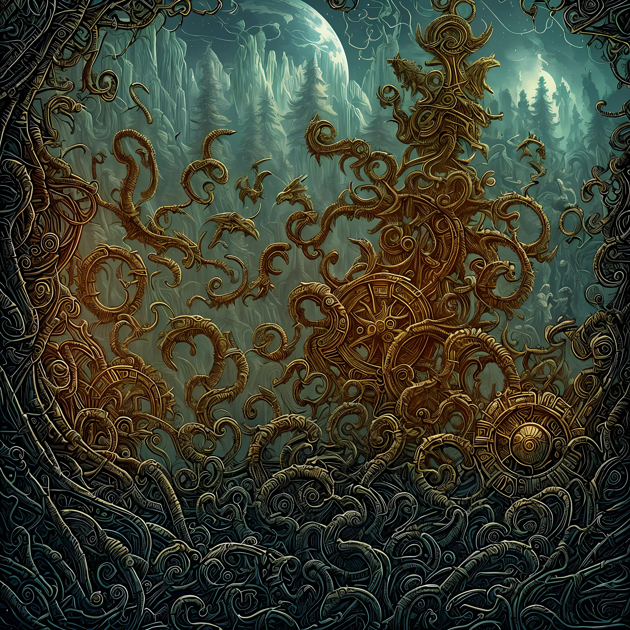 Obverse (creating a highly dynamic scene depicting astronauts traveling through ancient machine forests and decorating everything with elaborate motifs will always be remembered: 1.1) Portrait, Symmetry Art Sharp Art, Dammford Style, HDR, Realism, Dark Fantasy Atmosphere, Lovecraft Style, (JimJorCrafLogo Art Style: 1.3)