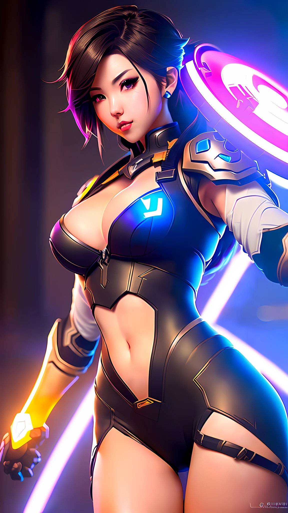 D.va from Overwatch, sexy, fanart, fighting pose, amazing detail, color grading, (glowing haze)++ (soft glow)+ digital art render, anime, pixar style, by rossdraws, wlop, ilya kuvshinov, 8k