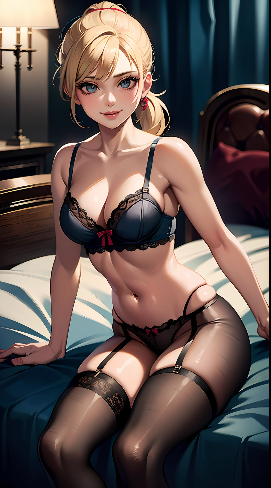 1girl, masterpiece, best quality, medium full shot, blonde ponytail, ((lingerie, stockings, sexy lips)), smiling, erotic pose, sitting on bed, busty