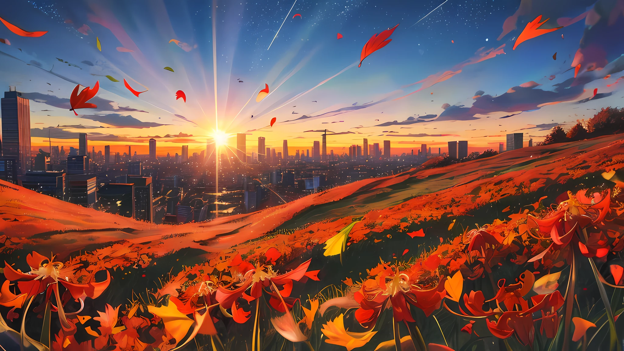 Scenery , City , Lycoris Radiata Flower , Sky , Sun , Floating Leaves , Breeze , Evening , shooting stars in the sky , Fall Season