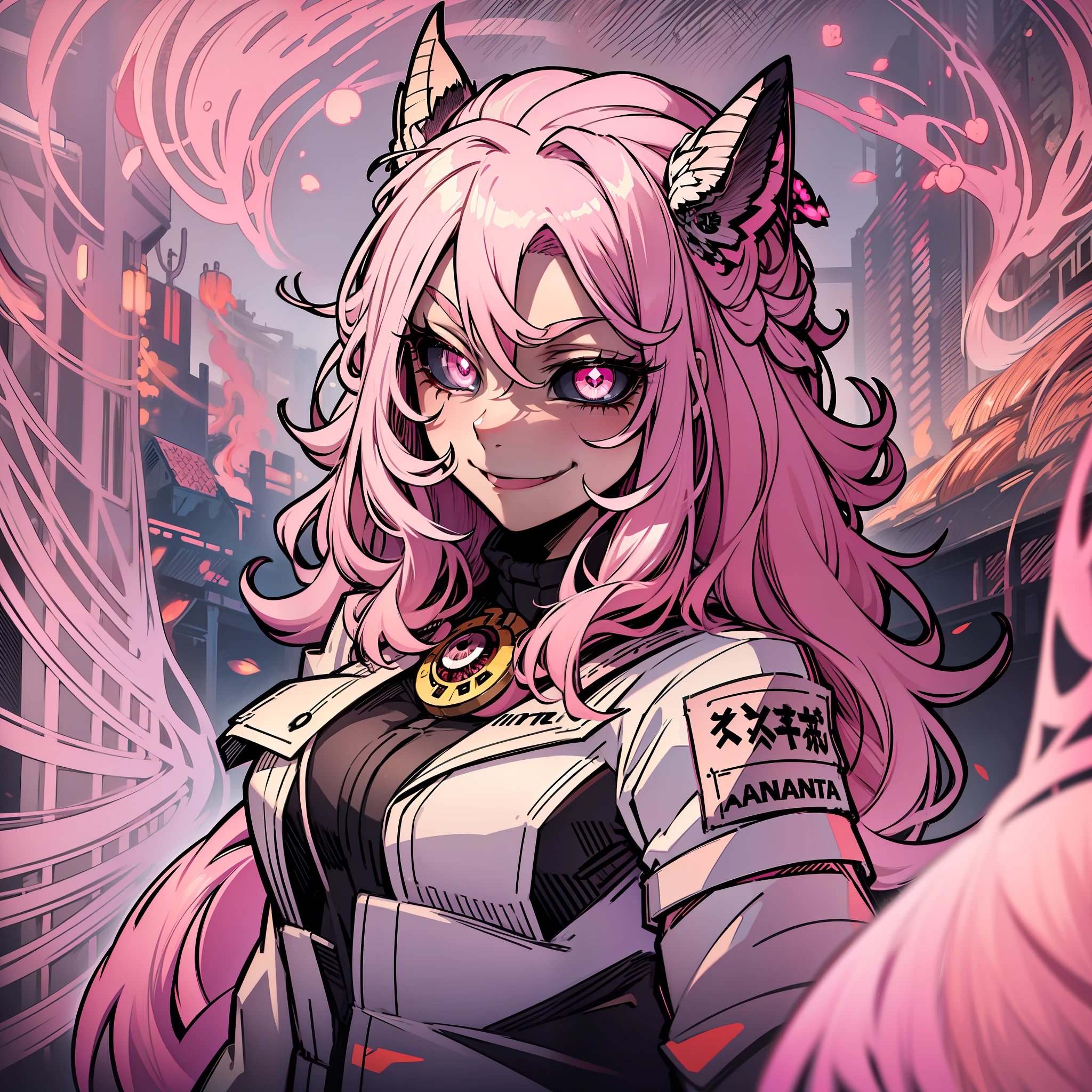 bright eyes, holding pink fire, pink fire wings behind, very long hair, pink hair, curly hair, messy hair, snake pupils, horizontal pupils, devil's eyes, devil's pupils, horizontal pupils, pink eyes, smile, long tongue, black kimono