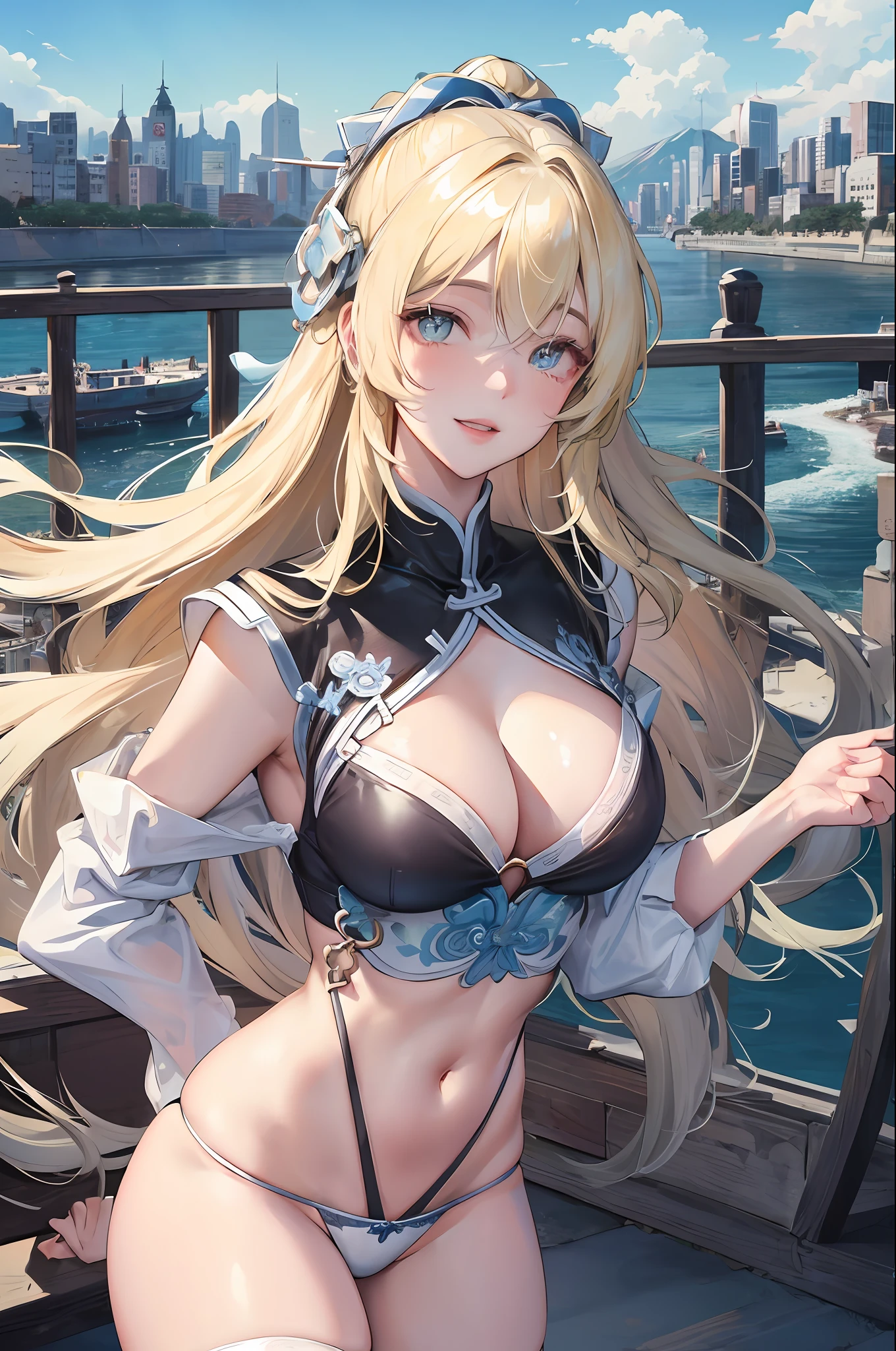 Official Art, Masterpiece, Sharp Focus, (Beautiful Gorgeous Cute Chinese Woman: 1.3), (Beautiful and Cute Chinese: 1.3), Chinese Beauty, Delicately Beautiful Hair and Eyes and Face, Realistic, Super Detailed, Beautiful Girl, Blue Sky, Glowing White Particles, (Sidelighting: 1.2), Sunlight, White Clouds, Detailed Clouds, Slender, Cute Big Breasts and Big Buttocks, Toothy Smile ((Laugh with Eyes Open)), Landscape, Long Straight Hair, Sexy facial expressions, Mountains and rivers in the background, blue sky and white clouds, (cityscape:1.7), dynamic hair, long straight hair, fine gilt blonde hair, glowing heterochromic pupils, (bikini,thong), white stockings, pale skin, hair accessories, epic landscape,