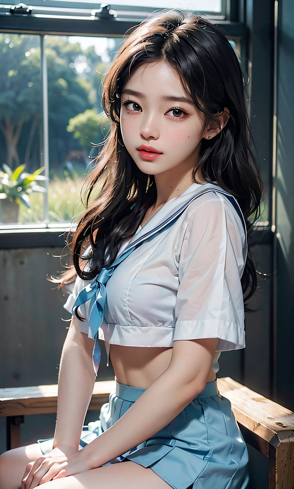(8k, RAW photo, photorealistic:1.25) ,( lipgloss, eyelashes, gloss-face, glossy skin, best quality, ultra highres, depth of field, chromatic aberration, caustics, Broad lighting, natural shading,Kpop idol) looking at viewer with a serene and goddess-like happiness, highschool classroom, sailor uniform, mini skirt