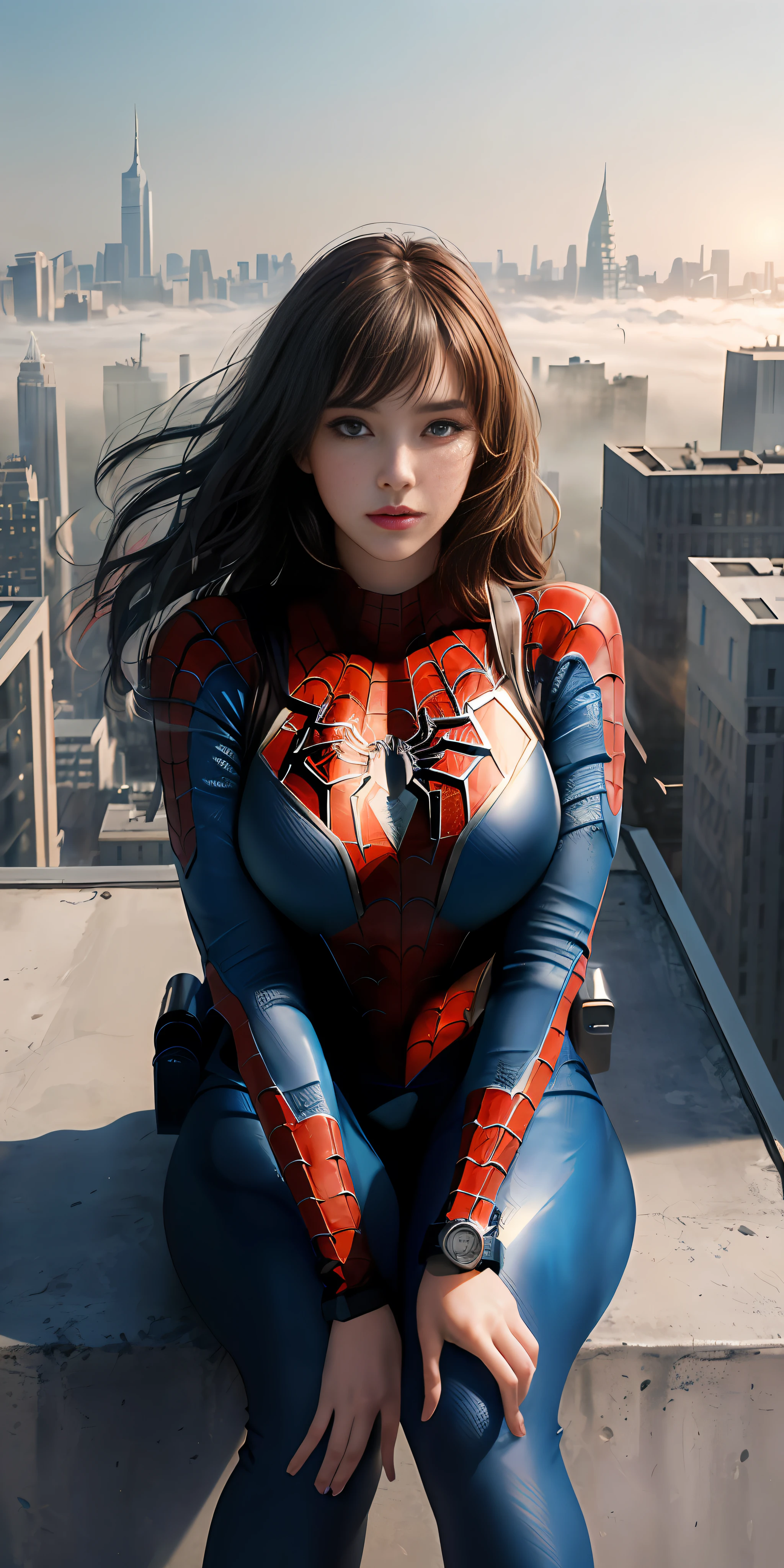 (1girl:1.3), Solo, ((Very detailed face)))), ((Very detailed eyes and face)))), Beautiful details eyes, Body parts__, Official art, Boob plumpness, Unified 8k wallpaper, Super detailed, Beautiful and beautiful, Beautiful, Masterpiece, Best Quality, Original, Masterpiece, Super Fine Photo, Best Quality, Ultra High Resolution, Realistic Realism, Sunlight, Full Body Portrait, Amazing Beauty, Dynamic Pose, Delicate Face, Vibrant Eyes, (from the front), she is wearing a Spider-Man suit, red and black color scheme, spider, very detailed city roof background, rooftop, overlooking the city, detailed face, detailed complex busy background, messy, gorgeous, milky white, highly detailed skin, realistic skin details, visible pores, clear focus, volumetric fog, 8k uhd, DSLR, high quality, film grain, fair skin, photo realism, lomography, futuristic dystopian giant metropolis, translucent