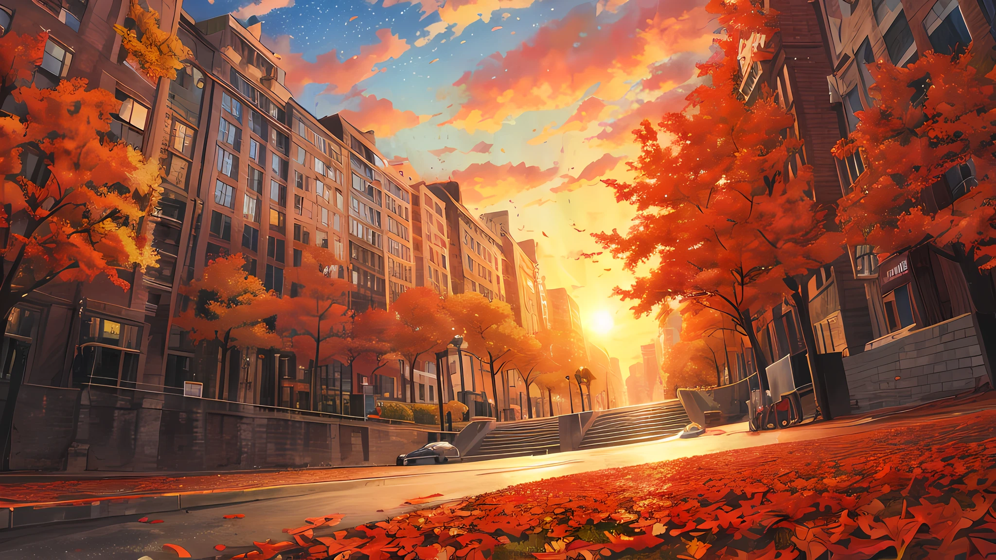 Scenery , City , Lycoris Radiata Flower , Sky , Sun , Floating Leaves , Breeze , Evening , shooting stars in the sky , Fall Season