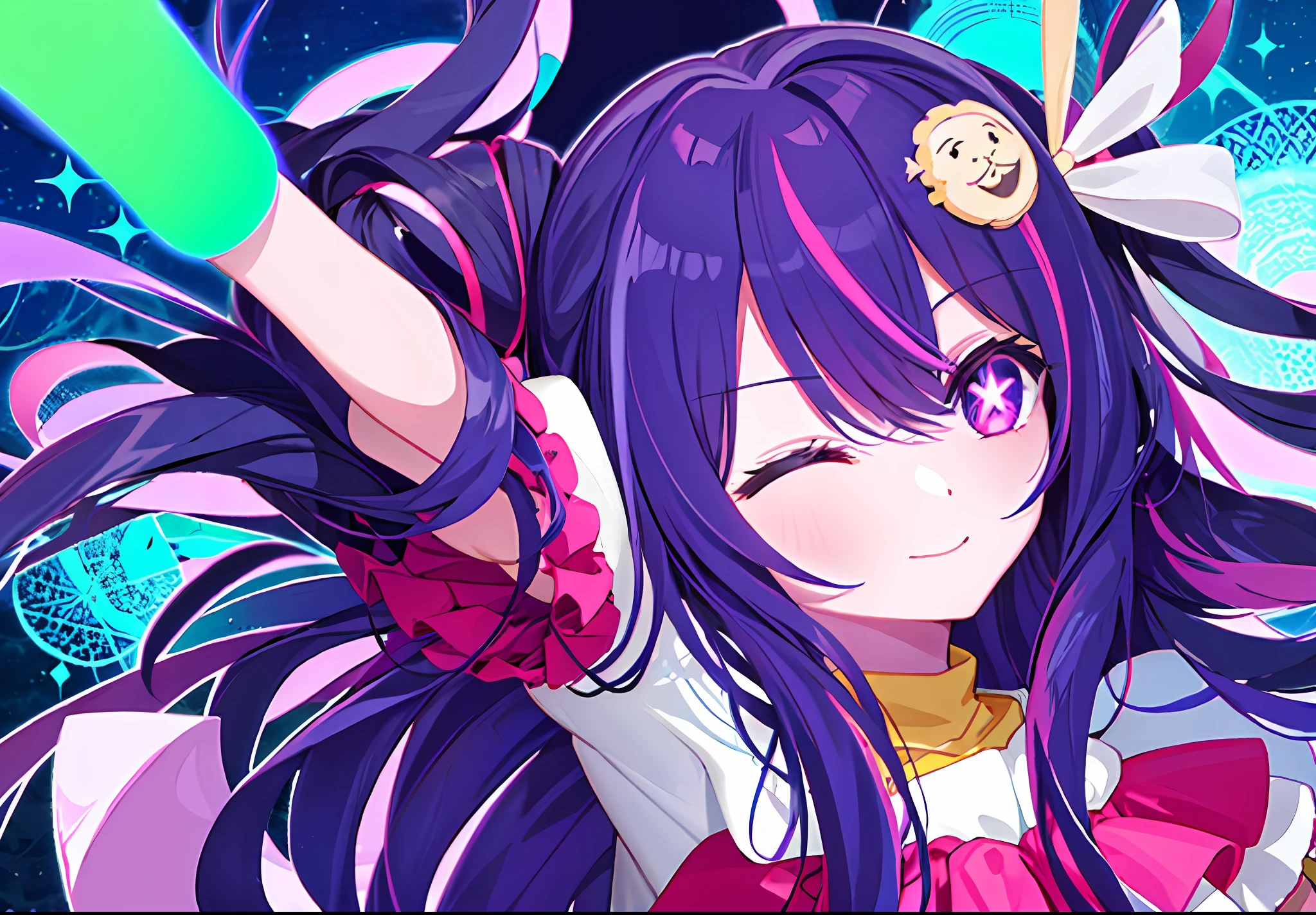 1girl, one eye closed,Hoshino Ai, long hair, purple hair, streaked hair ,purple eyes, star-shaped pupils, hair ornament,