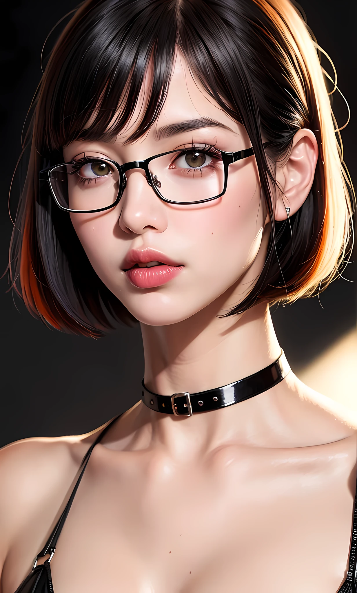(8k, RAW photo, photorealistic: 1.25), (close-up) (lip gloss, black lipstick, eyelashes, glossy face, glossy skin, best quality, ultra high resolution, depth of field, chromatic aberration, caustic, wide lighting, natural shading, short hair, bob cut, orange hair, glasses, Japanese, bangs) looking at the viewer with shame, in the mouth