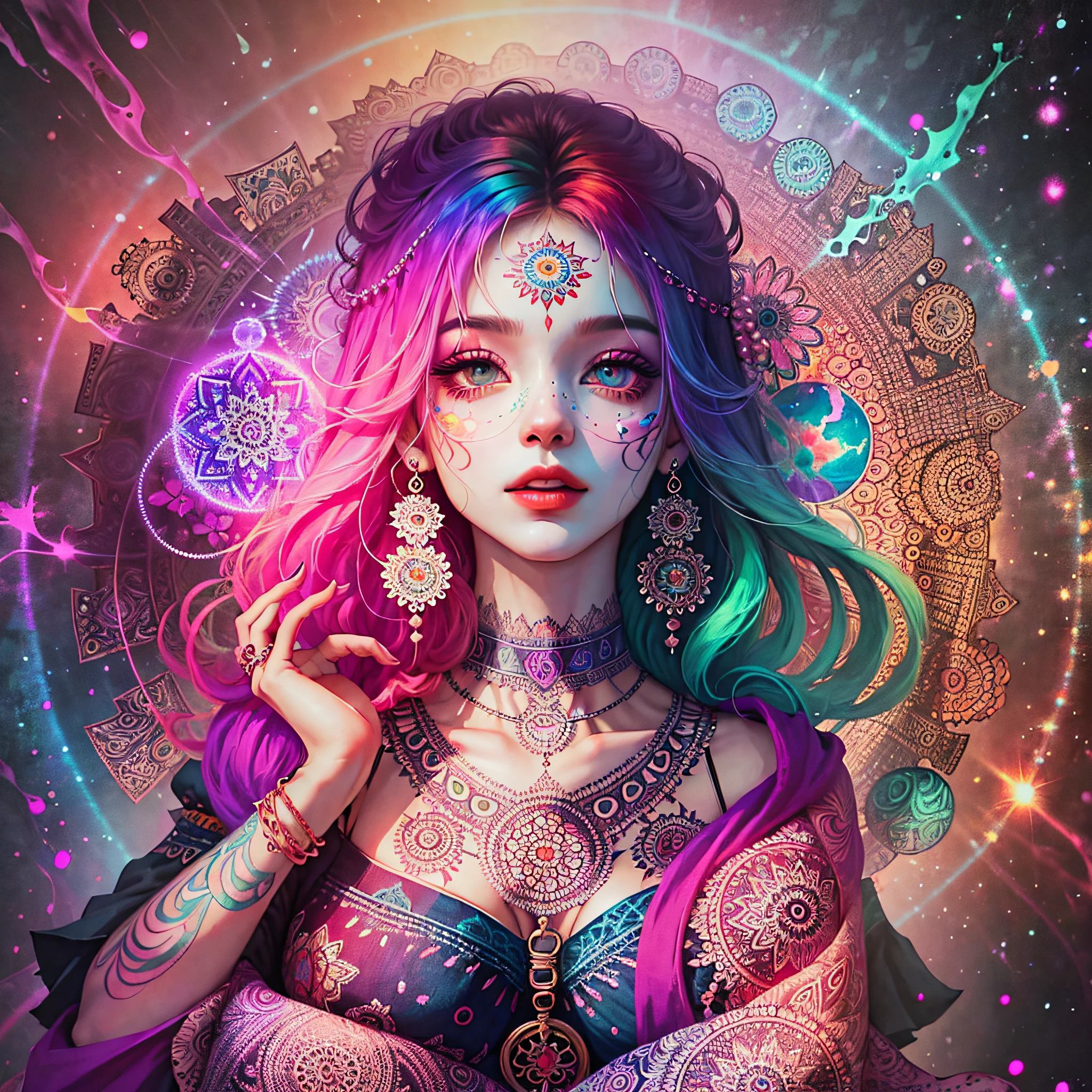 woman's body with, saturated colors, psychedelic image, LSD, mandala, fractral, fantasy, tattoo --auto --s2