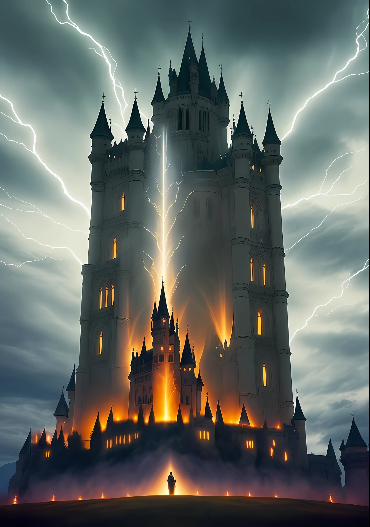Create an impactful image that depicts the epic battle between luminous angels and dark spirits, based on the following excerpt:
A black cloud quickly approaches the Castle, where the creature had been imprisoned, arousing fear and curiosity in those present. The religious and those responsible for the escort carefully observe the unfolding of events.
As the cloud advances, spirals of dark spirits intensify, forming a sinister and terrifying maelstrom over the Castle. The cold wind blows with more intensity, as if the darkness itself is manifesting in its most powerful form.
Suddenly, a blinding flash illuminates the night sky and a column of light descends from the heavens. Thousands of angels emerge, heavenly beings of radiant beauty and immeasurable divine strength.
The battle begins with a deafening bang. The angels fight fiercely against the dark spirits, emanating a vibrant, purifying energy that breaks through the darkness.
The angels hover in the air, throwing precise blows at the dark spirits. As the battle echoes through the castle, divine light prevails, dispelling the darkness and bringing hope.
Inside the castle, the magnitude of the battle is felt. The ground shakes, the air vibrates with electricity. The Warriors of Light pray fervently, driven by unwavering faith.
As the battle proceeds, the light of the angels prevails. One after another, the dark spirits are banished, and the castle fills with flashes of light.
Finally, the last dark spirit is defeated. The angels hover in the air, their wings retreating as the light calms down. Silence fills the space, bringing relief and gratitude.
Those present, exhausted, feel a renewal of hope. They thank and praise for the protection granted and for the future full of light and hope.
