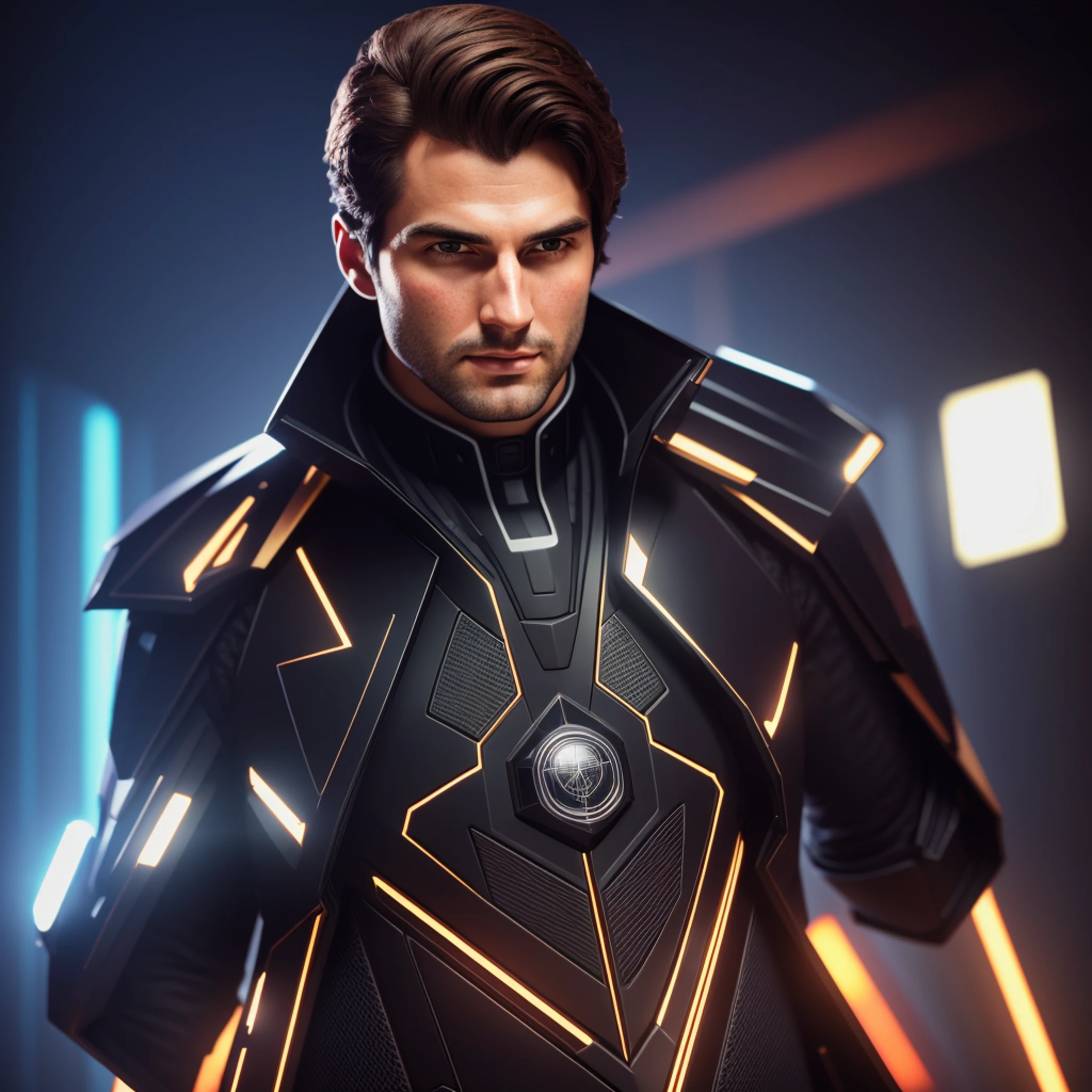 Front portrait of a 30-year-old man, haughty, stern, handsome, wearing futuristic imperial costume, in a bright, opulent ballroom, 18mm f/1.4 lens, with vibrant colors, 4k, cinematic lighting, natural lighting, vibrant multicolored lighting, film grain, cinematic lighting, high detail, photoreal, photorealistic, volumetric lighting and shading --auto --s2