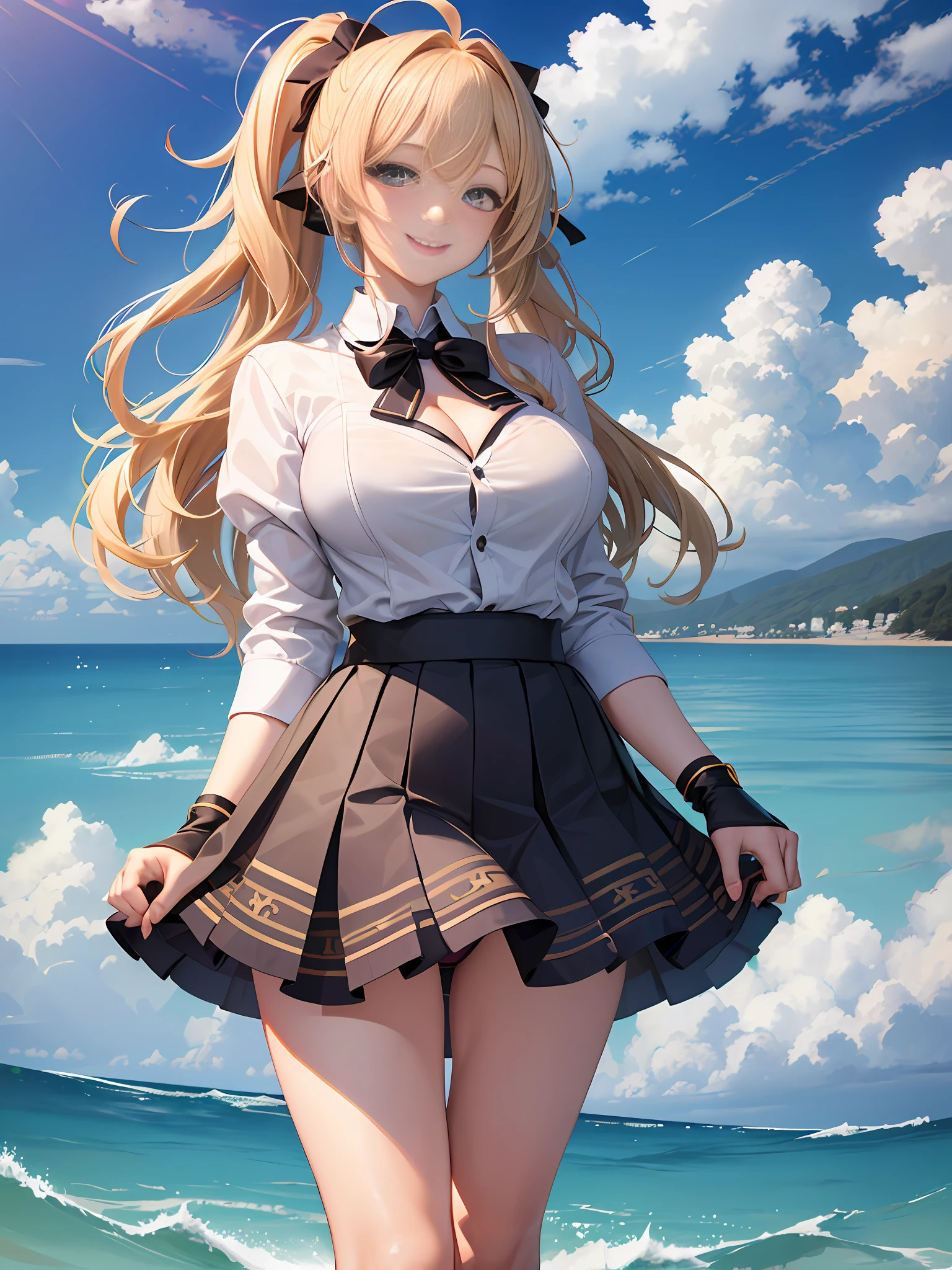 Masterpiece, Best Quality, Official Art, (Highly Detailed CG Unity 8k wallpaper), Detailed background, (Hands by Guido Daniele: 1.1), Feet out of frame, First person perspective, 1, Attractive and perfect beautiful woman, Schoolgirl, JK, schoolgirl uniform, summer, blue sky, wide sea, wind blowing, (((Flipping skirt, panties visible))), optimal ratio of 4 fingers and 1 thumb, (curvaceous) , ( White thighs: 1.12), ( Blonde long hair: 1.12), (Ahoge: 1.13), (High ponytail: 1.12), (Green eyes: 1.13), look at the beholder, big, (cleavage), beautiful face, (blush: 1.11), (smile: 1.11)